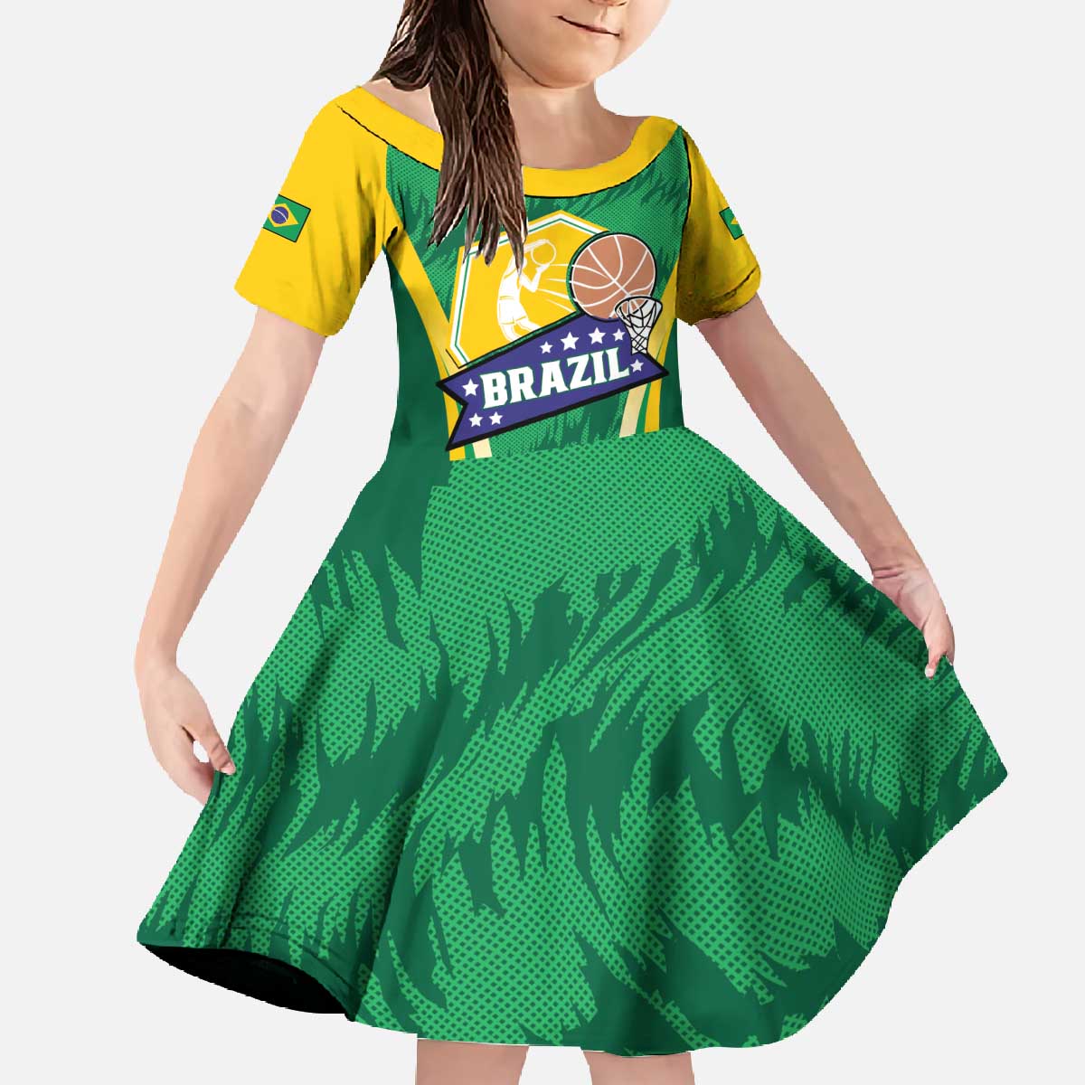 Brazil Basketball Custom Family Matching Off The Shoulder Long Sleeve Dress and Hawaiian Shirt Come On Brasil Cariocas