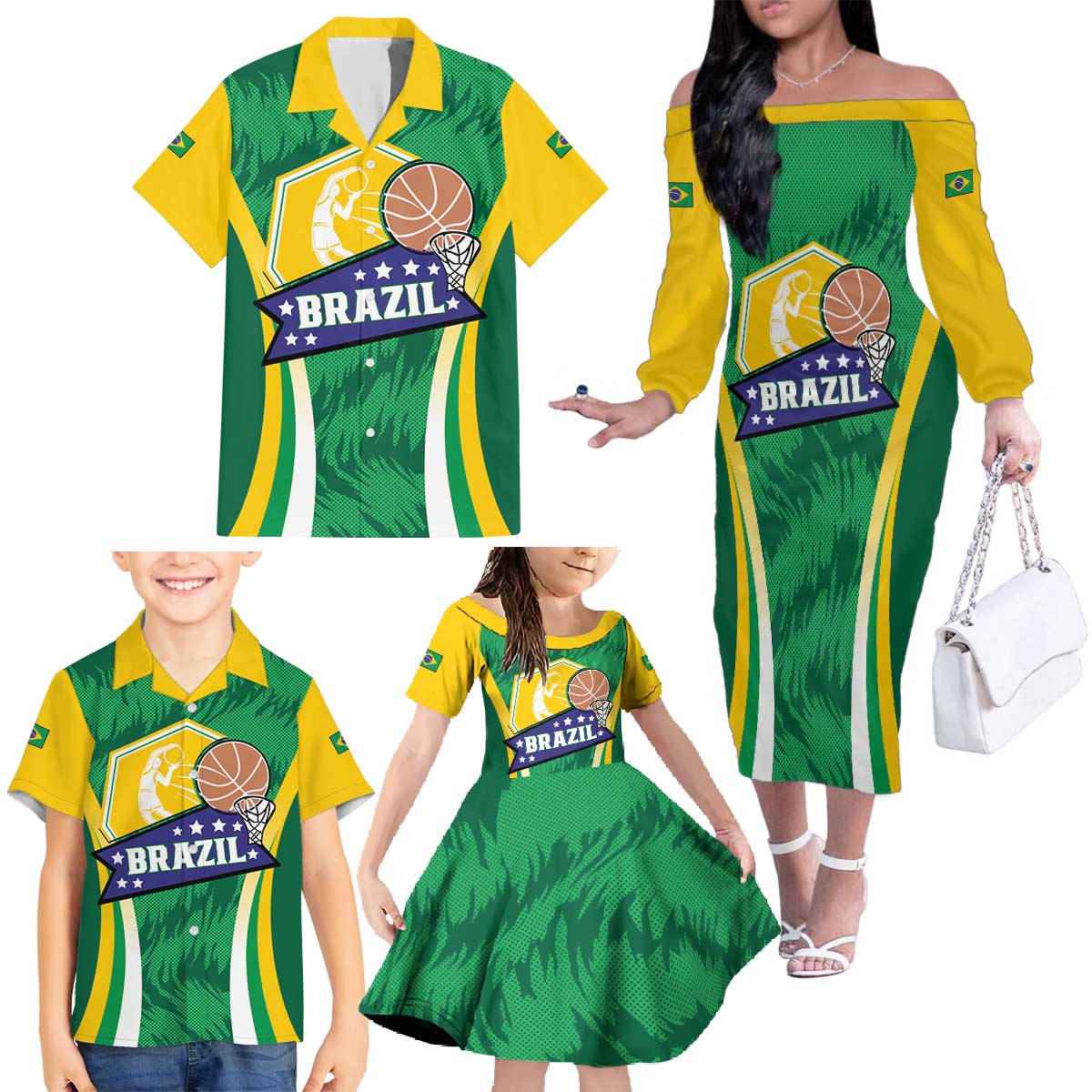 Brazil Basketball Custom Family Matching Off The Shoulder Long Sleeve Dress and Hawaiian Shirt Come On Brasil Cariocas