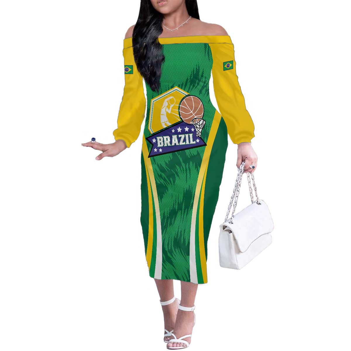 Brazil Basketball Custom Family Matching Off The Shoulder Long Sleeve Dress and Hawaiian Shirt Come On Brasil Cariocas