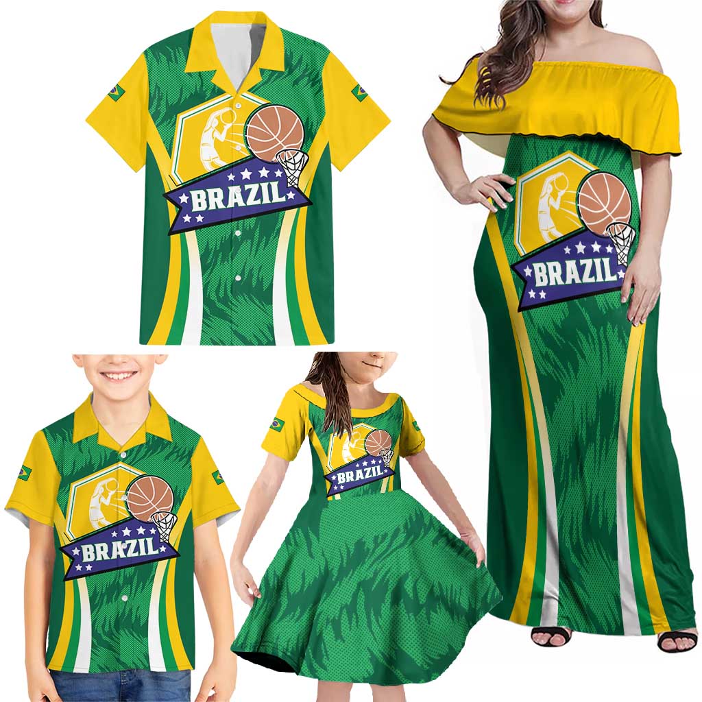 Brazil Basketball Custom Family Matching Off Shoulder Maxi Dress and Hawaiian Shirt Come On Brasil Cariocas
