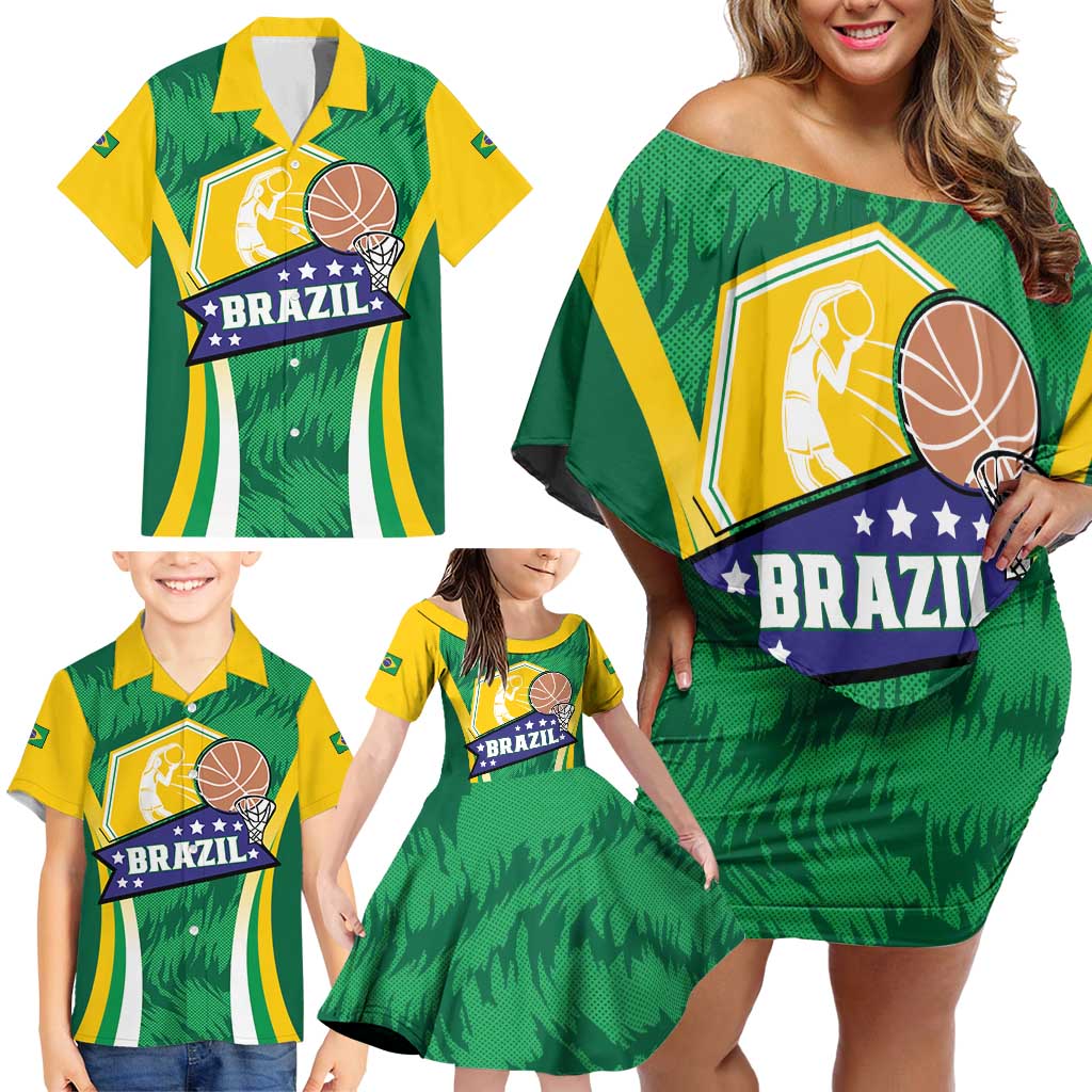 Brazil Basketball Custom Family Matching Off Shoulder Short Dress and Hawaiian Shirt Come On Brasil Cariocas