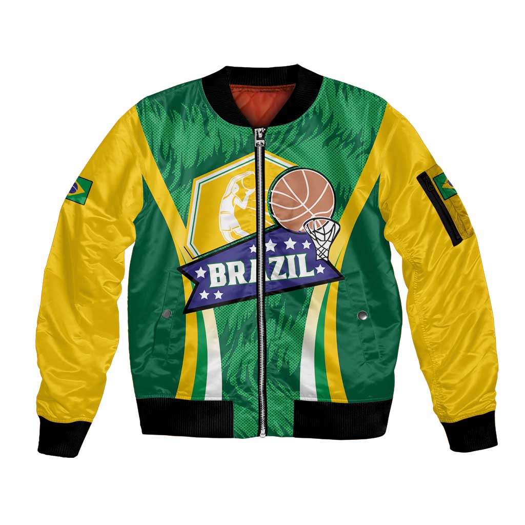 Brazil Basketball Custom Sleeve Zip Bomber Jacket Come On Brasil Cariocas