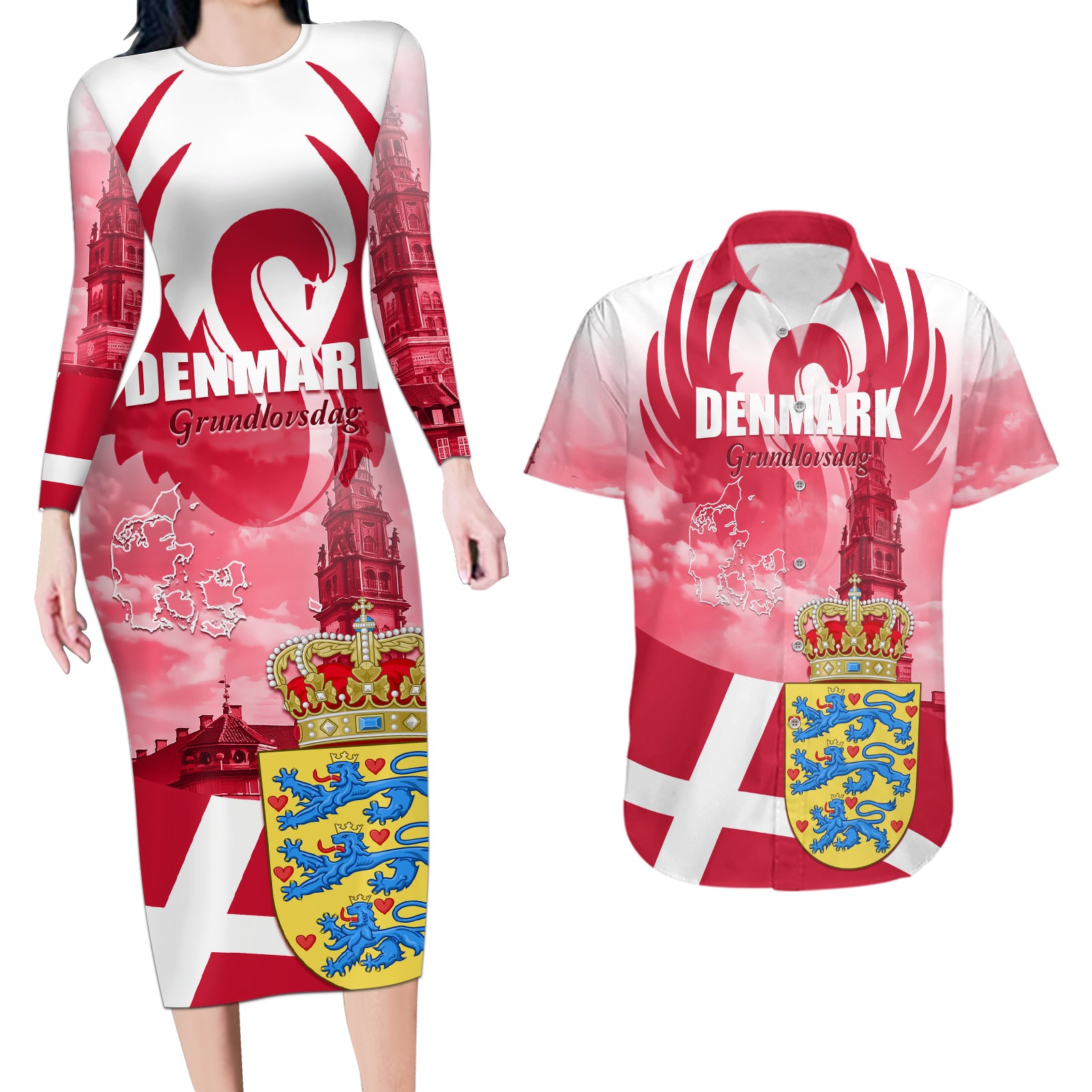 Denmark Constitution Day 2024 Couples Matching Long Sleeve Bodycon Dress and Hawaiian Shirt Grundlovsdag 5th June