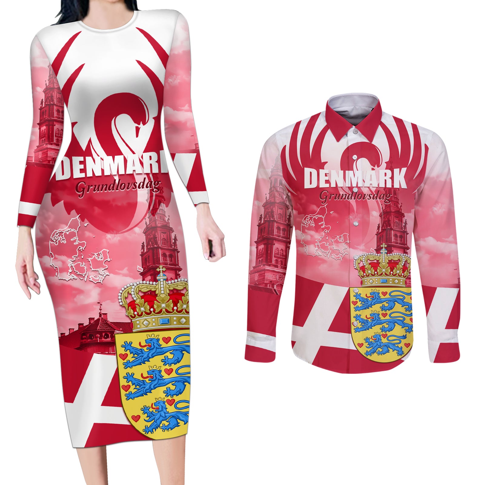 Denmark Constitution Day 2024 Couples Matching Long Sleeve Bodycon Dress and Long Sleeve Button Shirt Grundlovsdag 5th June