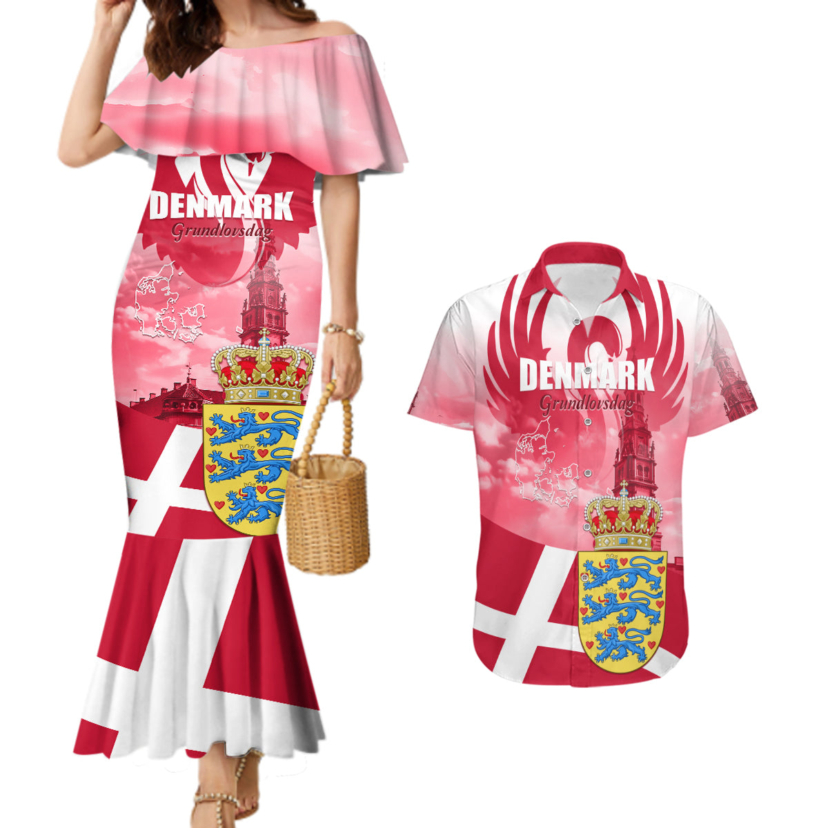 Denmark Constitution Day 2024 Couples Matching Mermaid Dress and Hawaiian Shirt Grundlovsdag 5th June