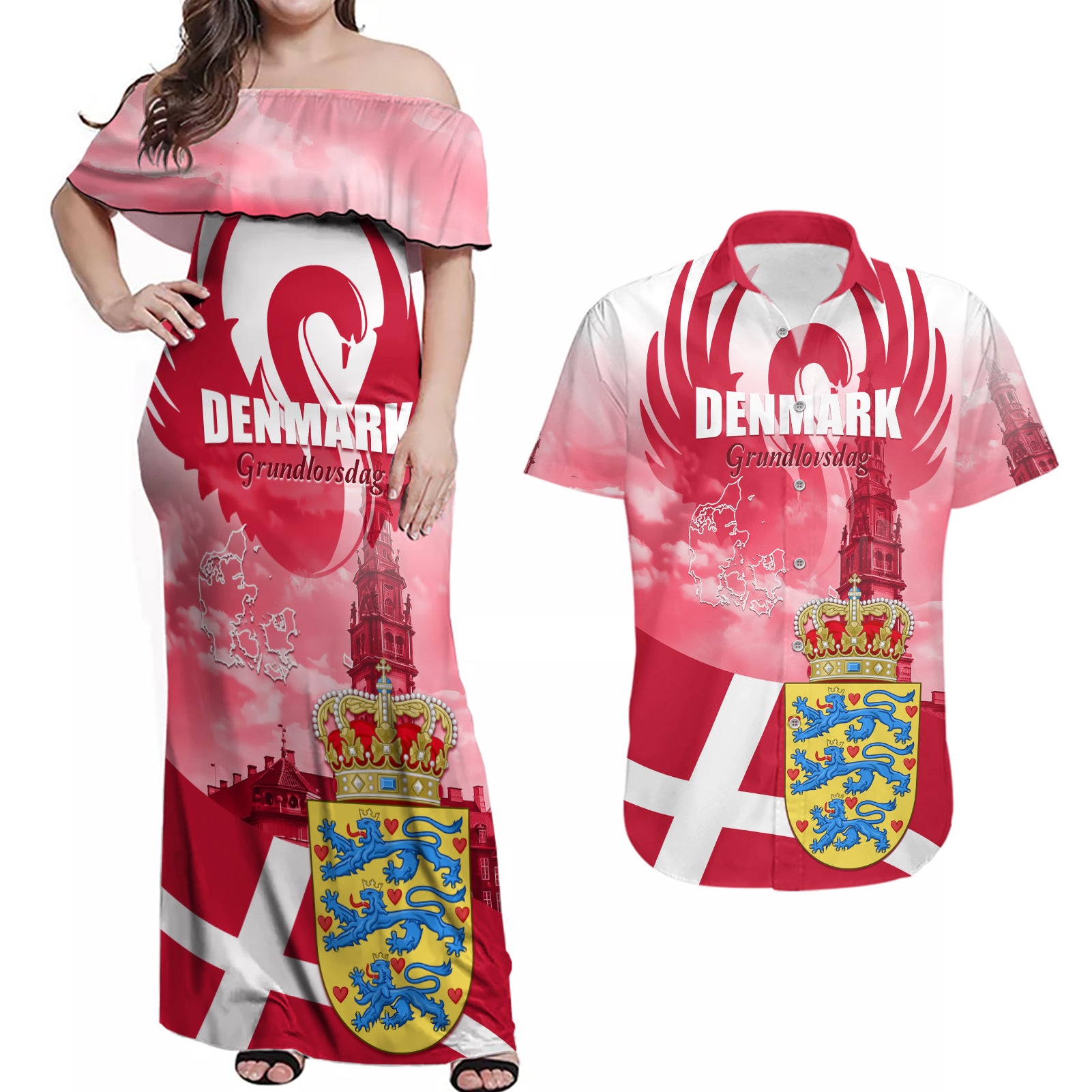Denmark Constitution Day 2024 Couples Matching Off Shoulder Maxi Dress and Hawaiian Shirt Grundlovsdag 5th June