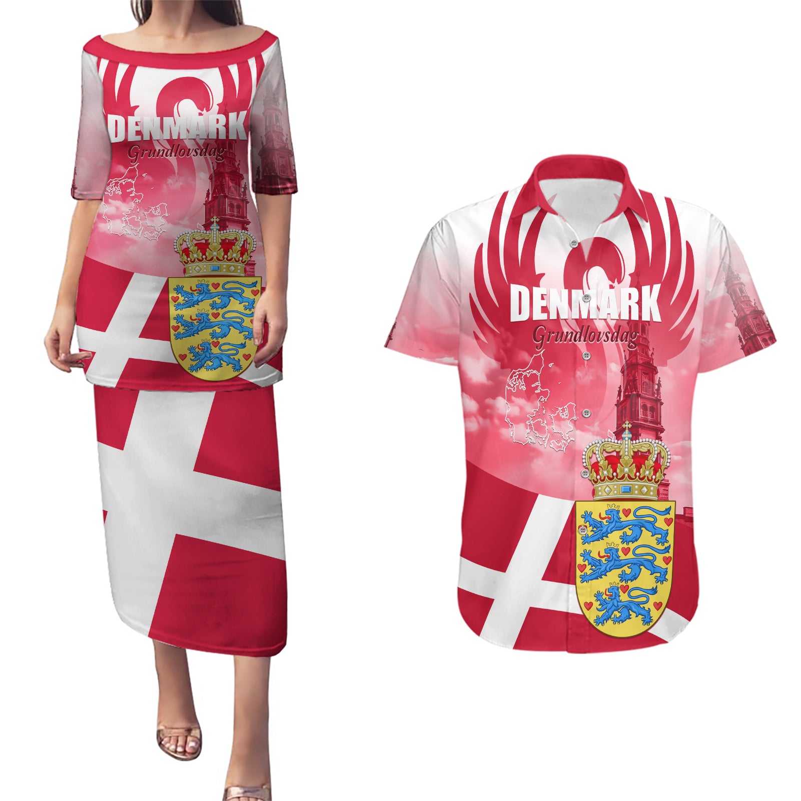 Denmark Constitution Day 2024 Couples Matching Puletasi and Hawaiian Shirt Grundlovsdag 5th June