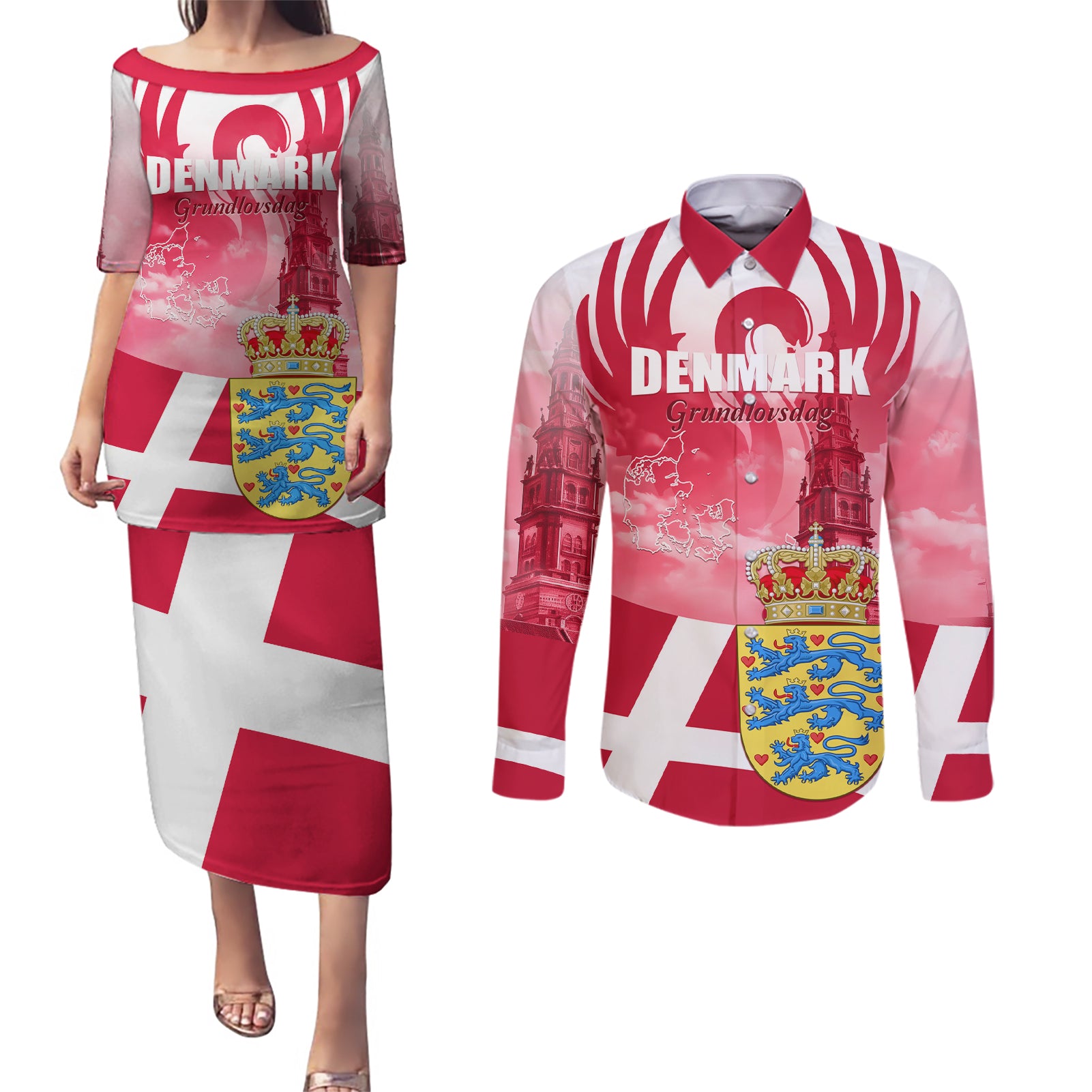 Denmark Constitution Day 2024 Couples Matching Puletasi and Long Sleeve Button Shirt Grundlovsdag 5th June