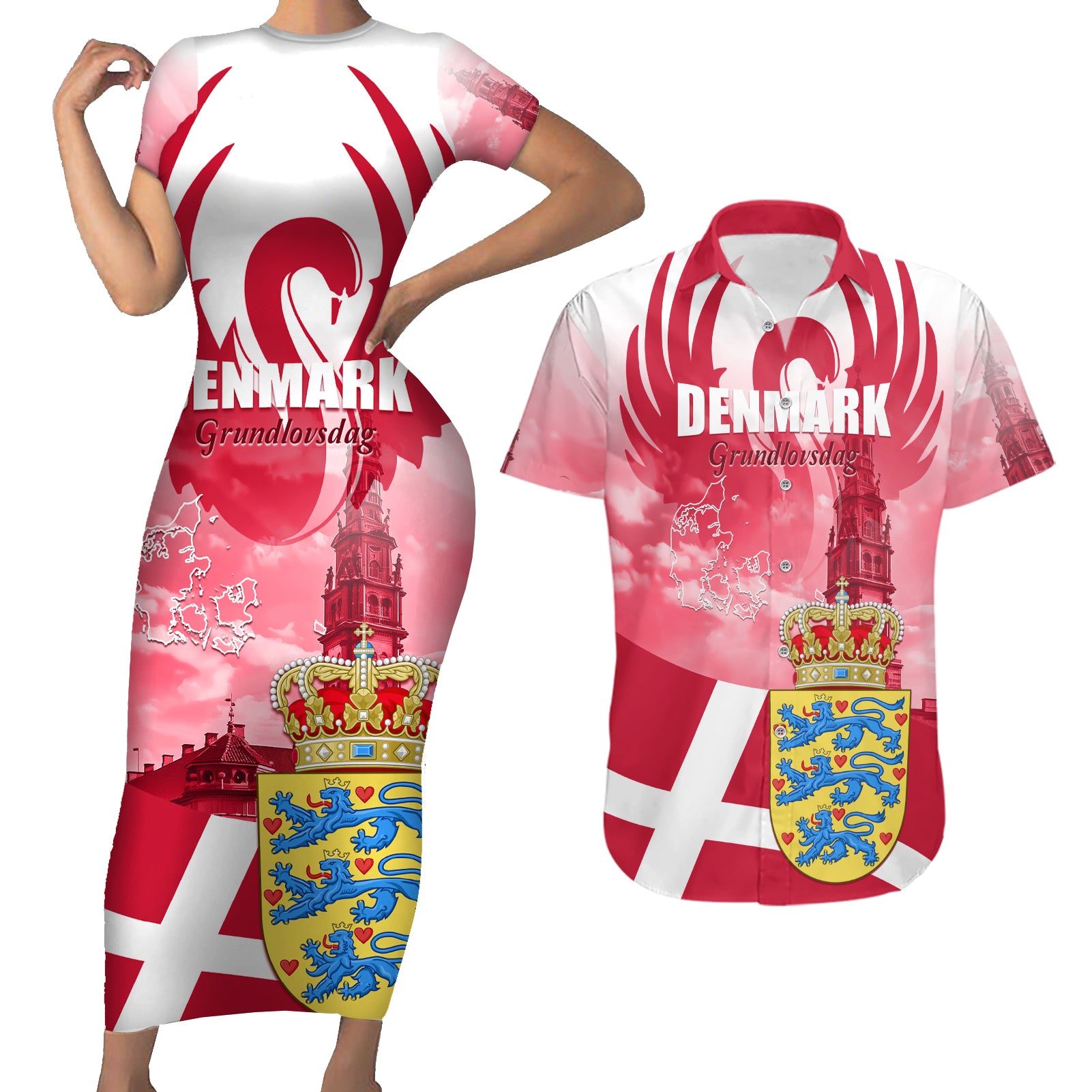 Denmark Constitution Day 2024 Couples Matching Short Sleeve Bodycon Dress and Hawaiian Shirt Grundlovsdag 5th June