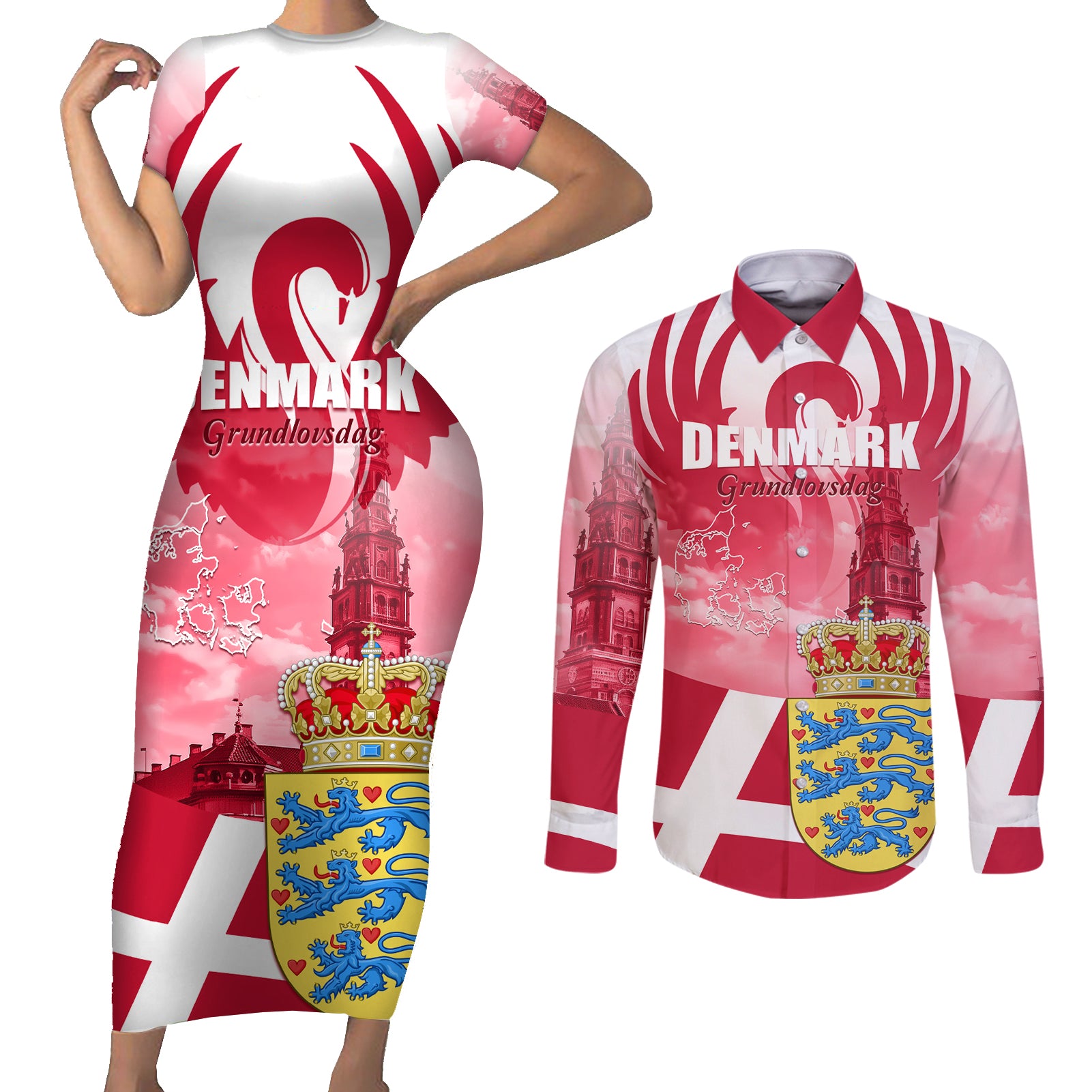 Denmark Constitution Day 2024 Couples Matching Short Sleeve Bodycon Dress and Long Sleeve Button Shirt Grundlovsdag 5th June