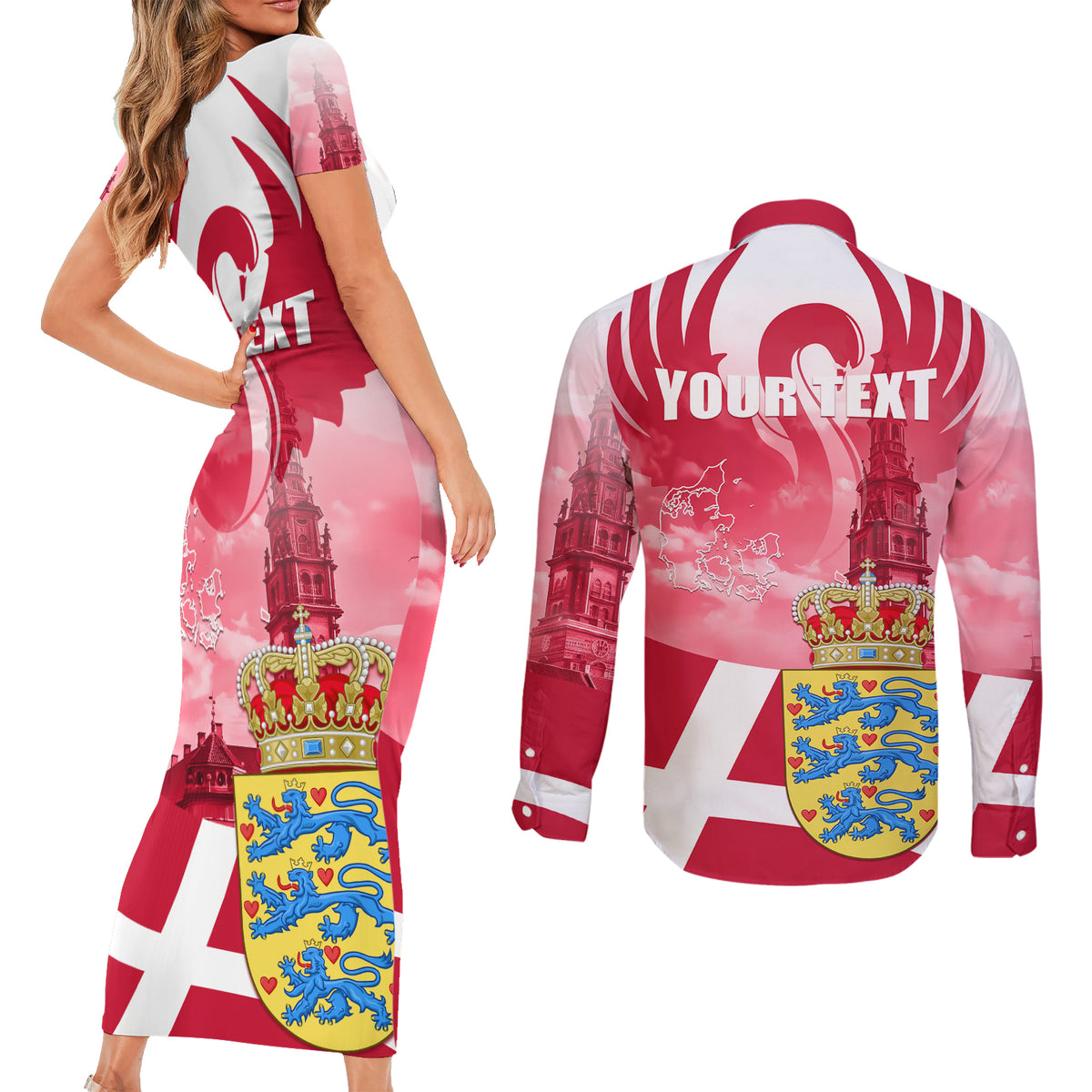 Denmark Constitution Day 2024 Couples Matching Short Sleeve Bodycon Dress and Long Sleeve Button Shirt Grundlovsdag 5th June - Wonder Print Shop