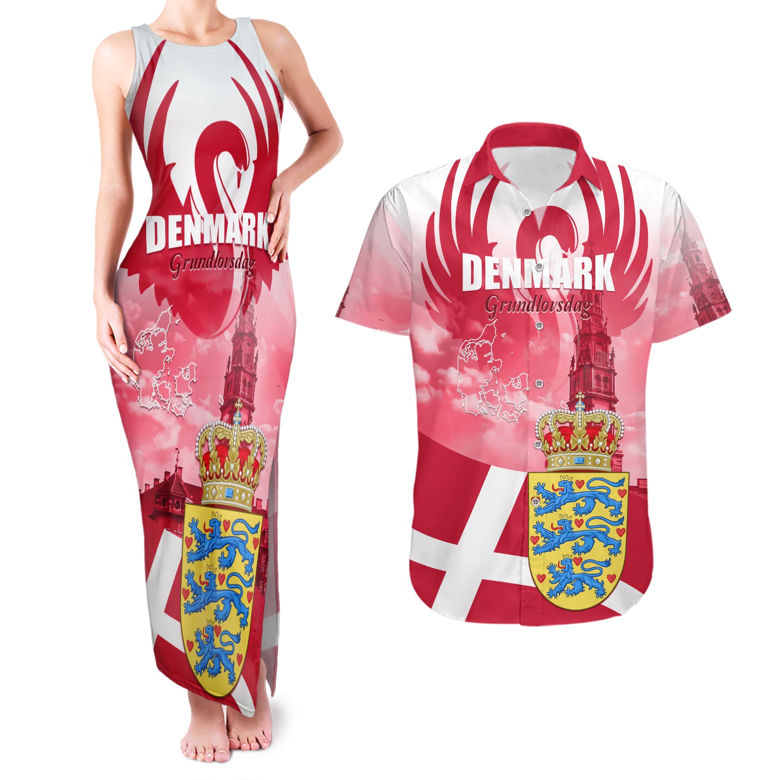 Denmark Constitution Day 2024 Couples Matching Tank Maxi Dress and Hawaiian Shirt Grundlovsdag 5th June