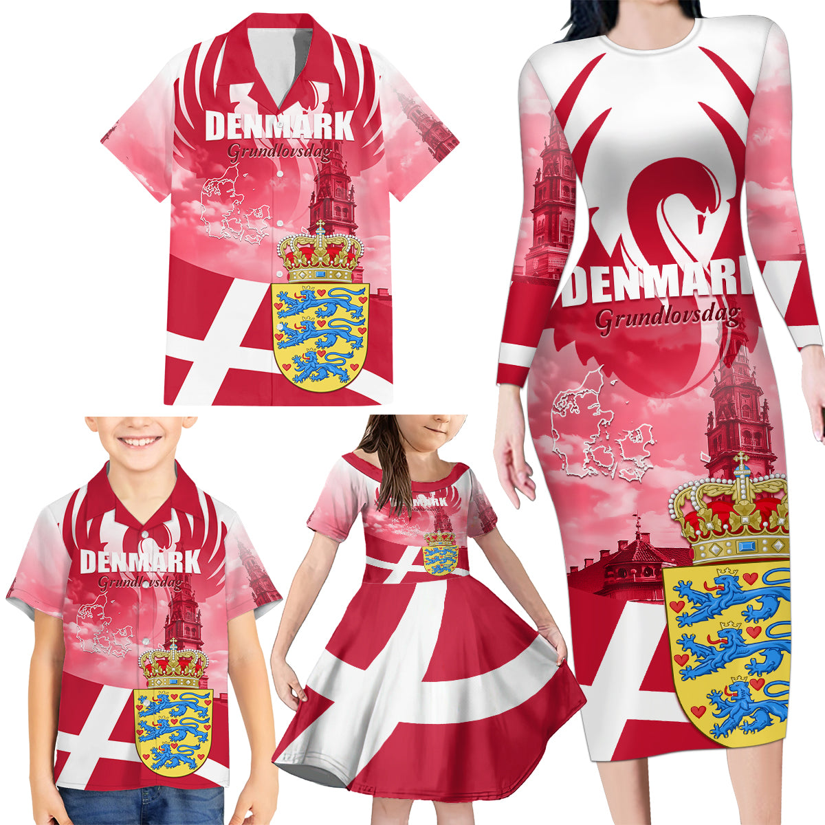 Denmark Constitution Day 2024 Family Matching Long Sleeve Bodycon Dress and Hawaiian Shirt Grundlovsdag 5th June