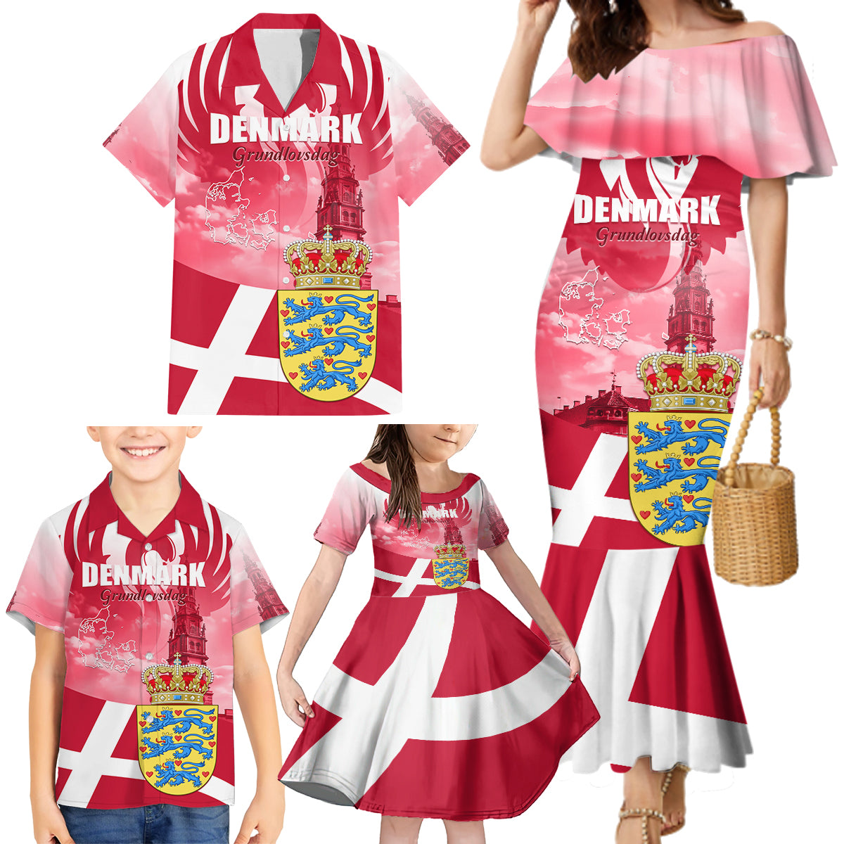 Denmark Constitution Day 2024 Family Matching Mermaid Dress and Hawaiian Shirt Grundlovsdag 5th June