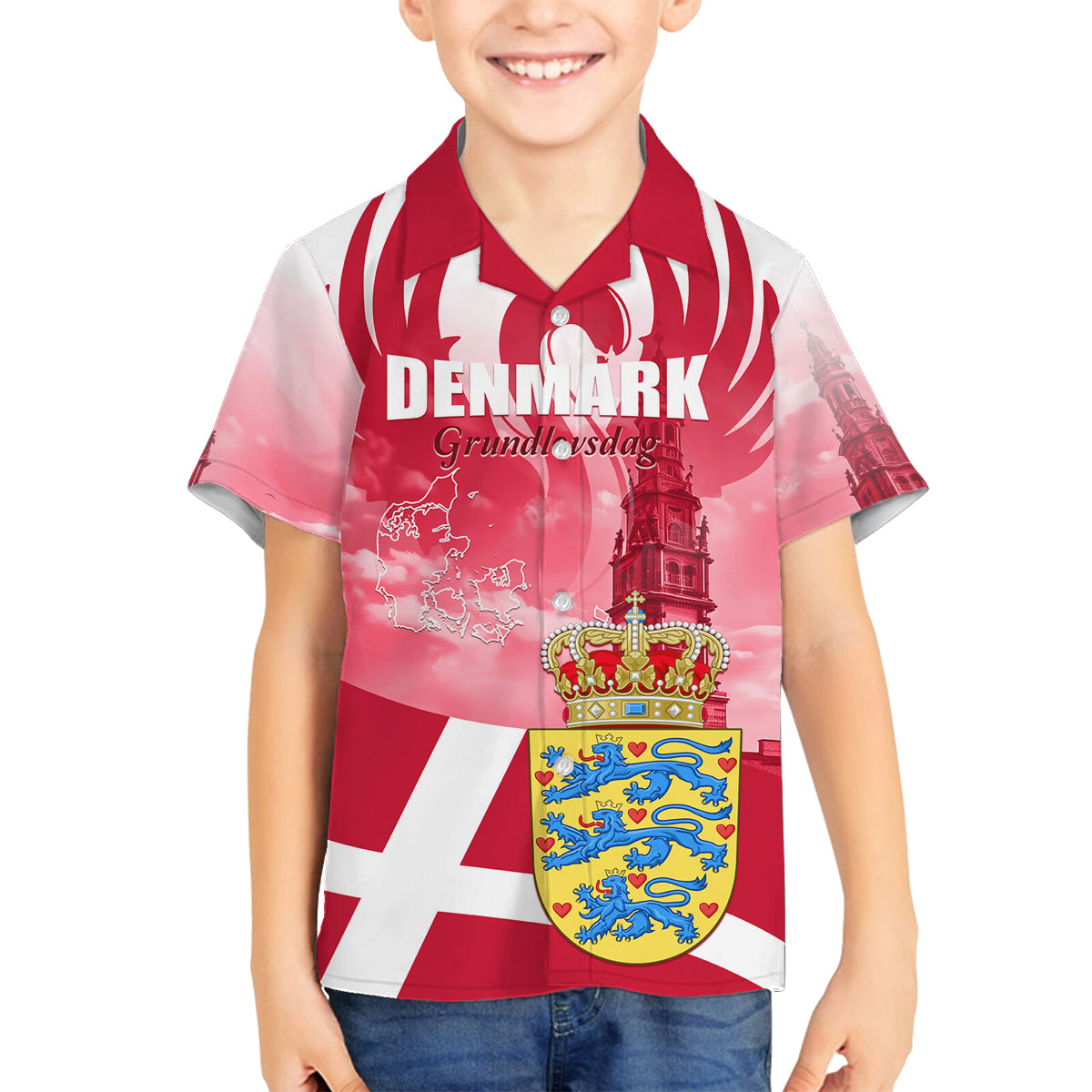 Denmark Constitution Day 2024 Family Matching Off The Shoulder Long Sleeve Dress and Hawaiian Shirt Grundlovsdag 5th June - Wonder Print Shop