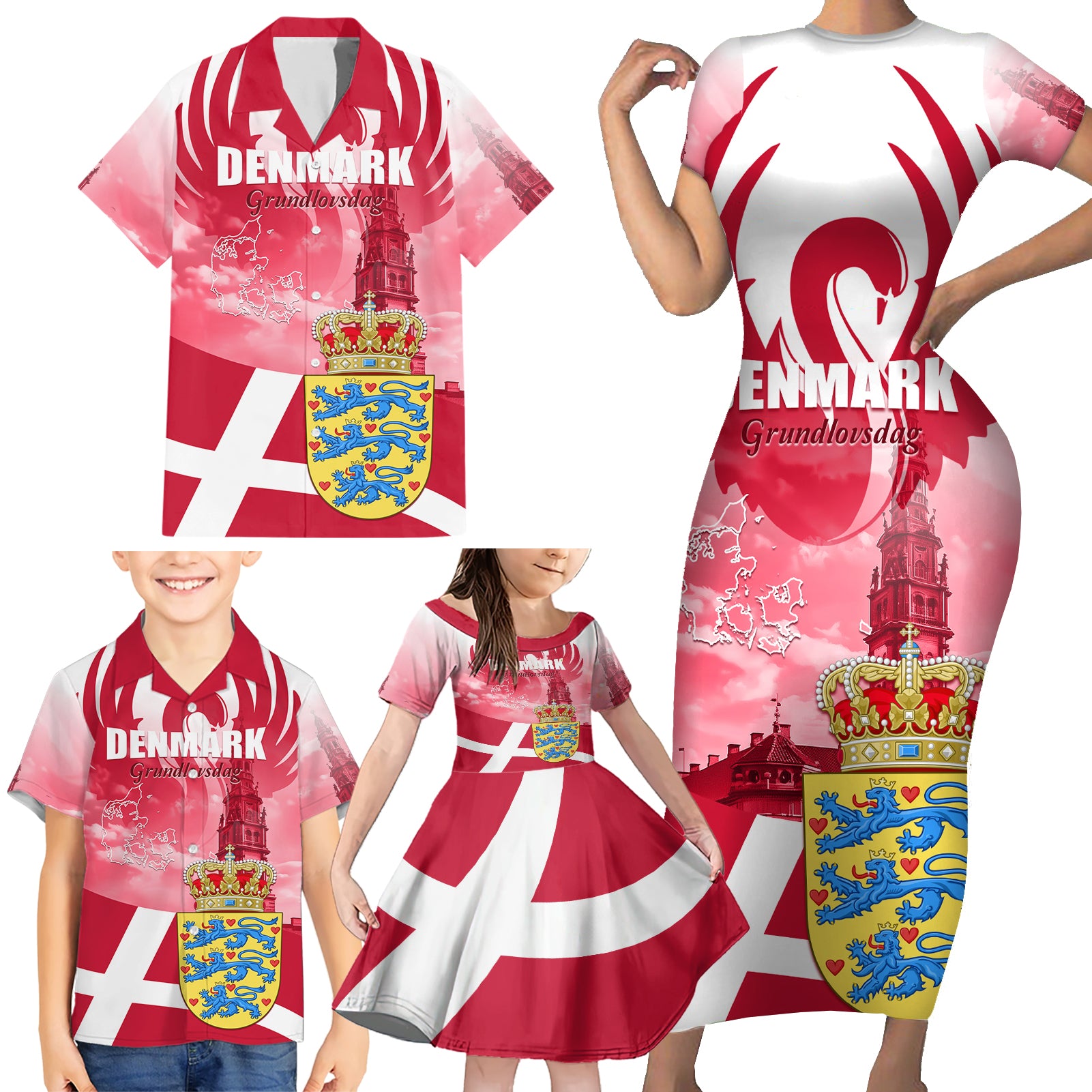 Denmark Constitution Day 2024 Family Matching Short Sleeve Bodycon Dress and Hawaiian Shirt Grundlovsdag 5th June