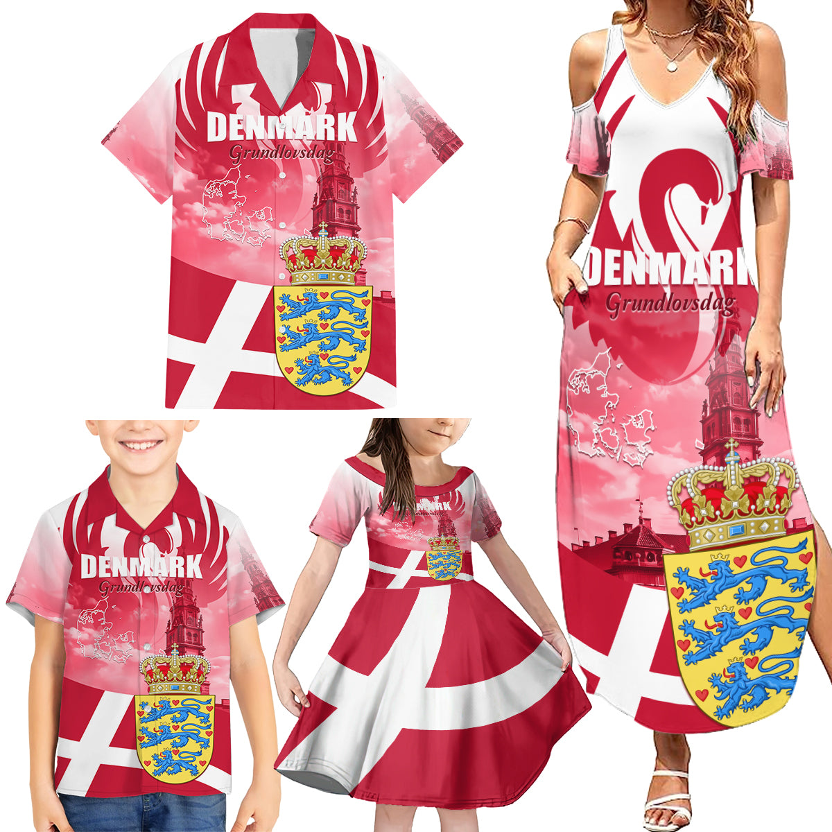 Denmark Constitution Day 2024 Family Matching Summer Maxi Dress and Hawaiian Shirt Grundlovsdag 5th June