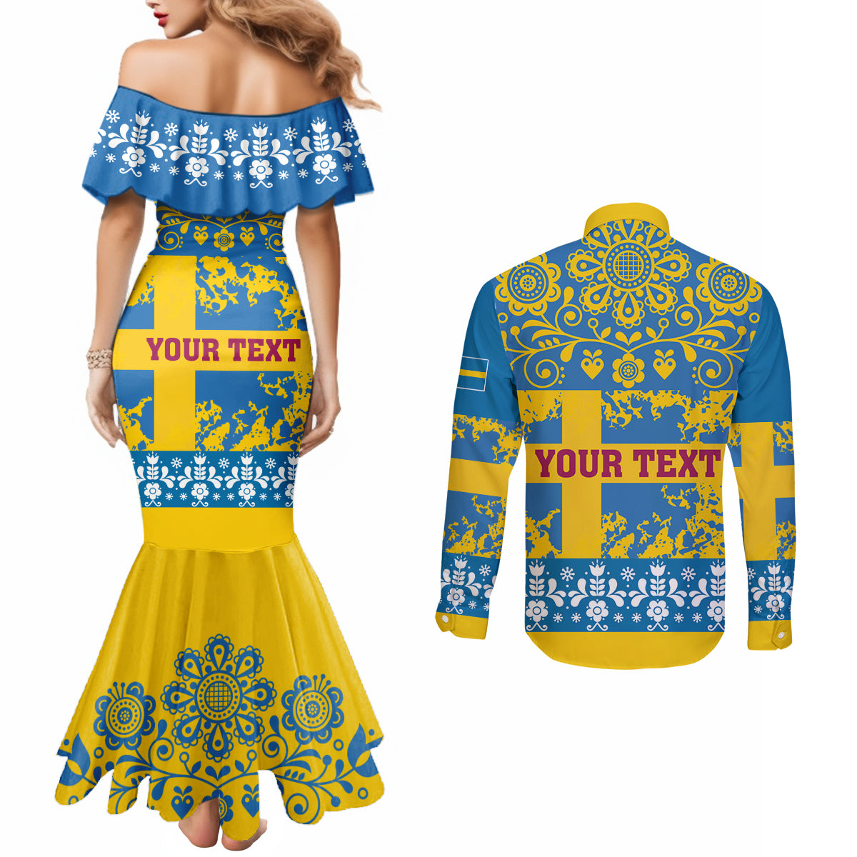 Sweden National Day 2024 Couples Matching Mermaid Dress and Long Sleeve Button Shirt Svenska Flaggans Dag