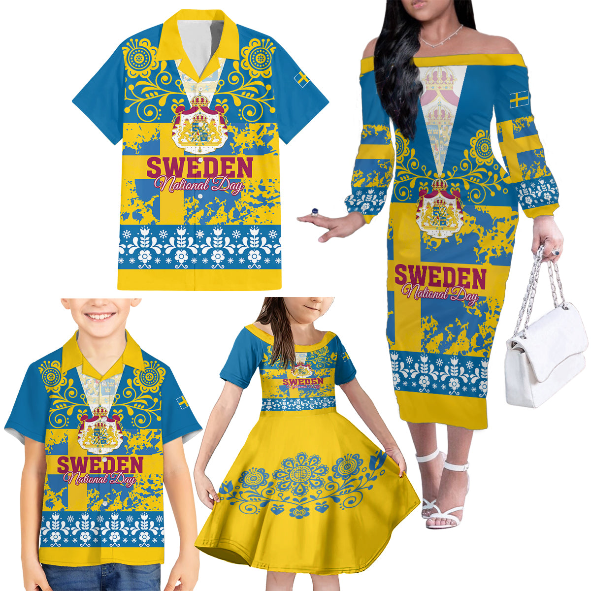 Sweden National Day 2024 Family Matching Off The Shoulder Long Sleeve Dress and Hawaiian Shirt Svenska Flaggans Dag - Wonder Print Shop