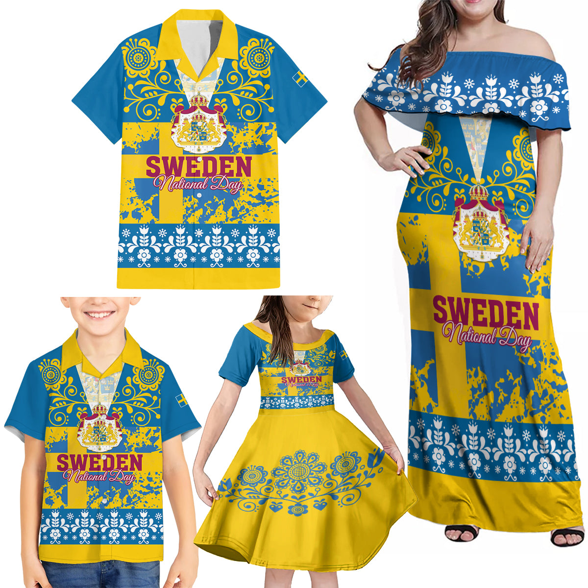 Sweden National Day 2024 Family Matching Off Shoulder Maxi Dress and Hawaiian Shirt Svenska Flaggans Dag - Wonder Print Shop