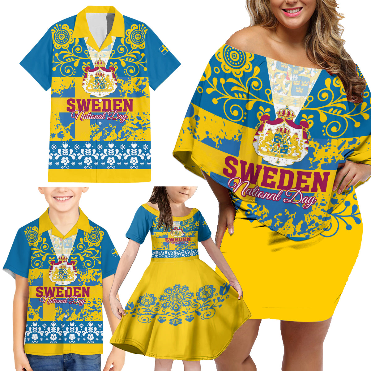 Sweden National Day 2024 Family Matching Off Shoulder Short Dress and Hawaiian Shirt Svenska Flaggans Dag - Wonder Print Shop