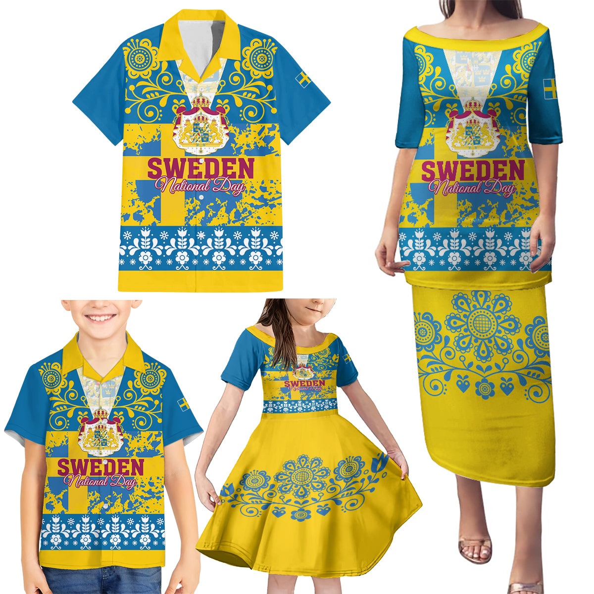 Sweden National Day 2024 Family Matching Puletasi and Hawaiian Shirt Svenska Flaggans Dag - Wonder Print Shop