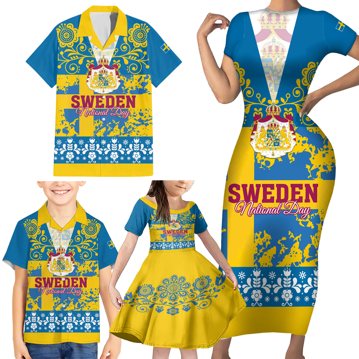 Sweden National Day 2024 Family Matching Short Sleeve Bodycon Dress and Hawaiian Shirt Svenska Flaggans Dag - Wonder Print Shop