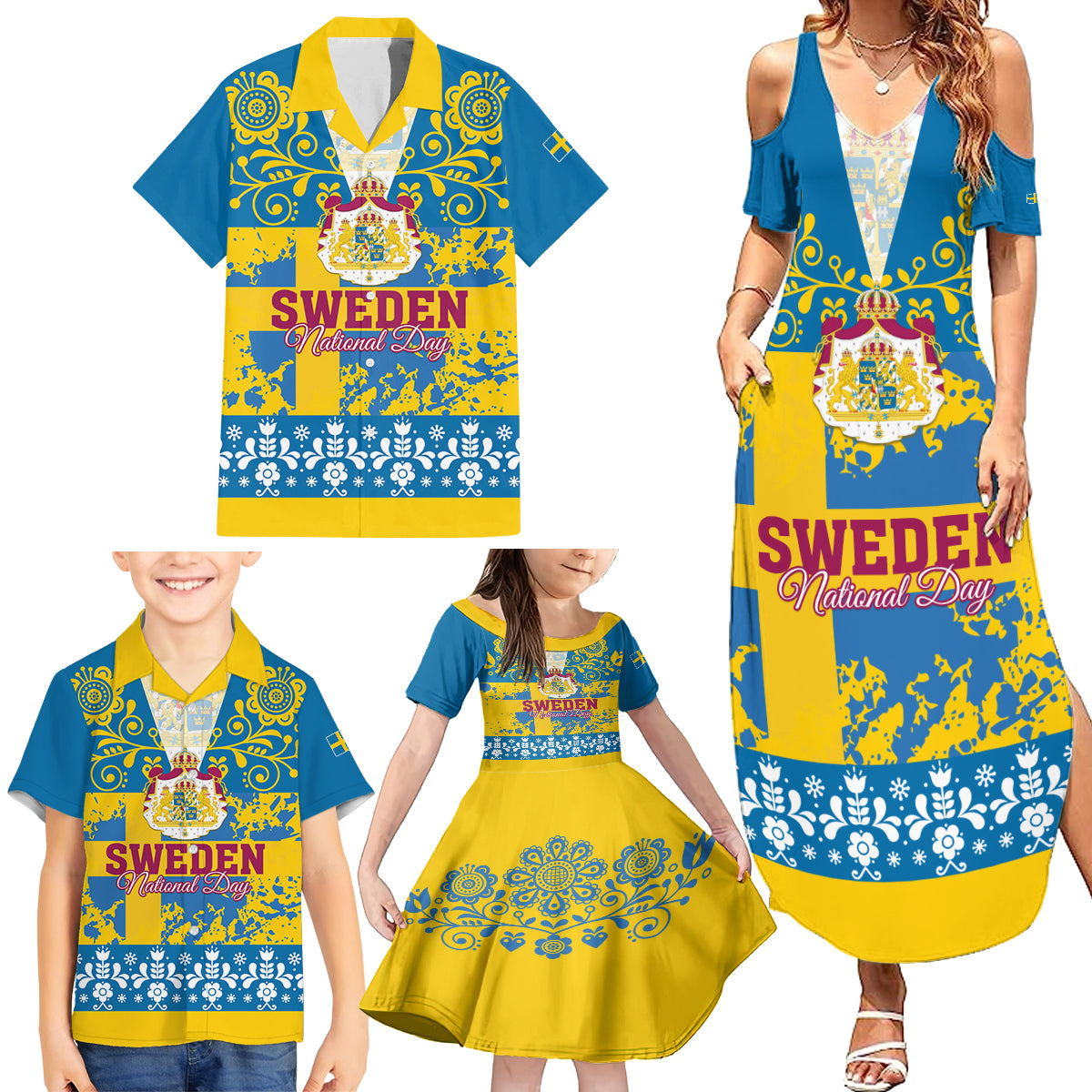 Sweden National Day 2024 Family Matching Summer Maxi Dress and Hawaiian Shirt Svenska Flaggans Dag - Wonder Print Shop