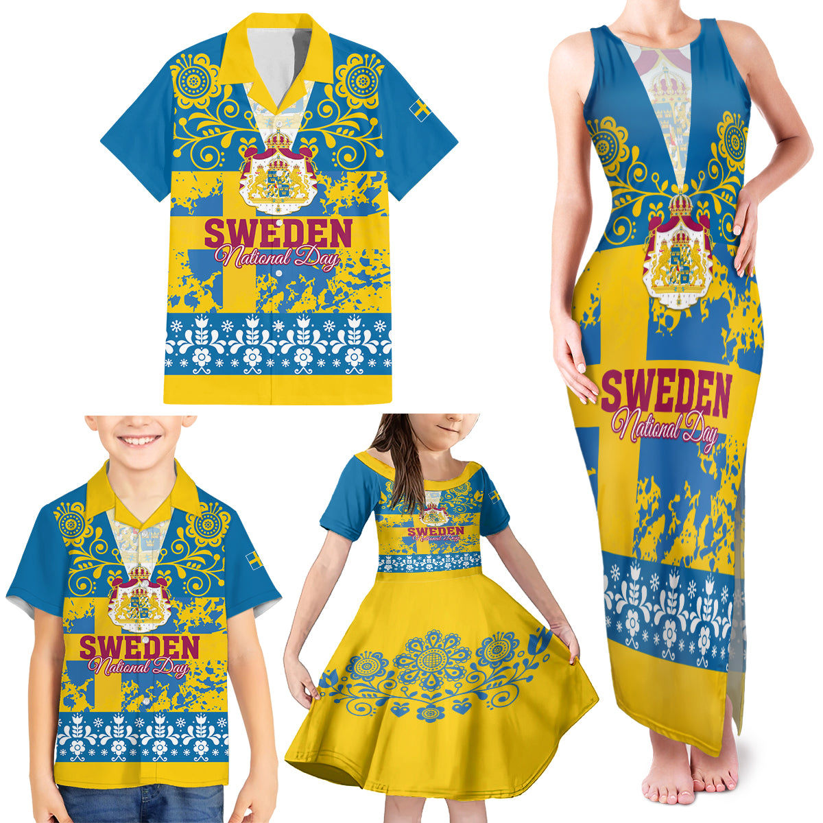 Sweden National Day 2024 Family Matching Tank Maxi Dress and Hawaiian Shirt Svenska Flaggans Dag - Wonder Print Shop