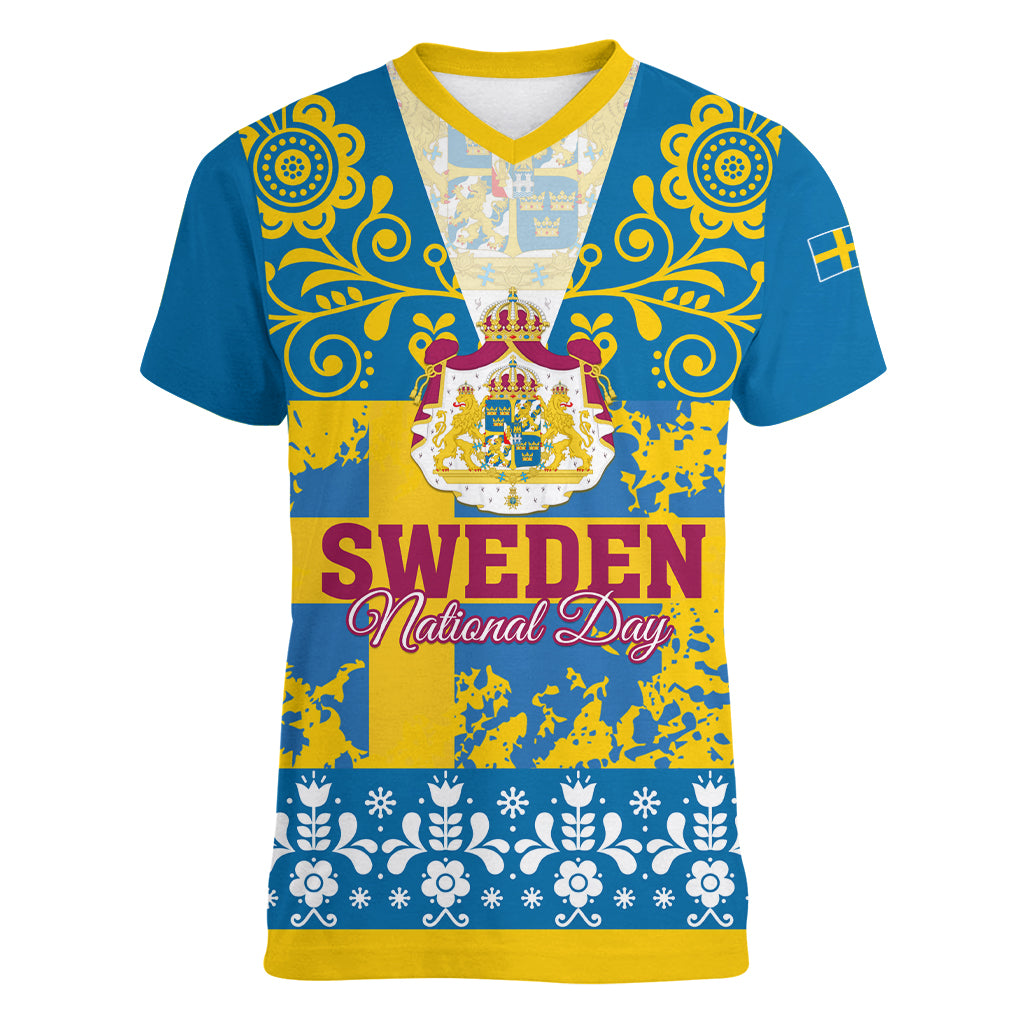 Sweden National Day 2024 Women V-Neck T-Shirt Svenska Flaggans Dag - Wonder Print Shop