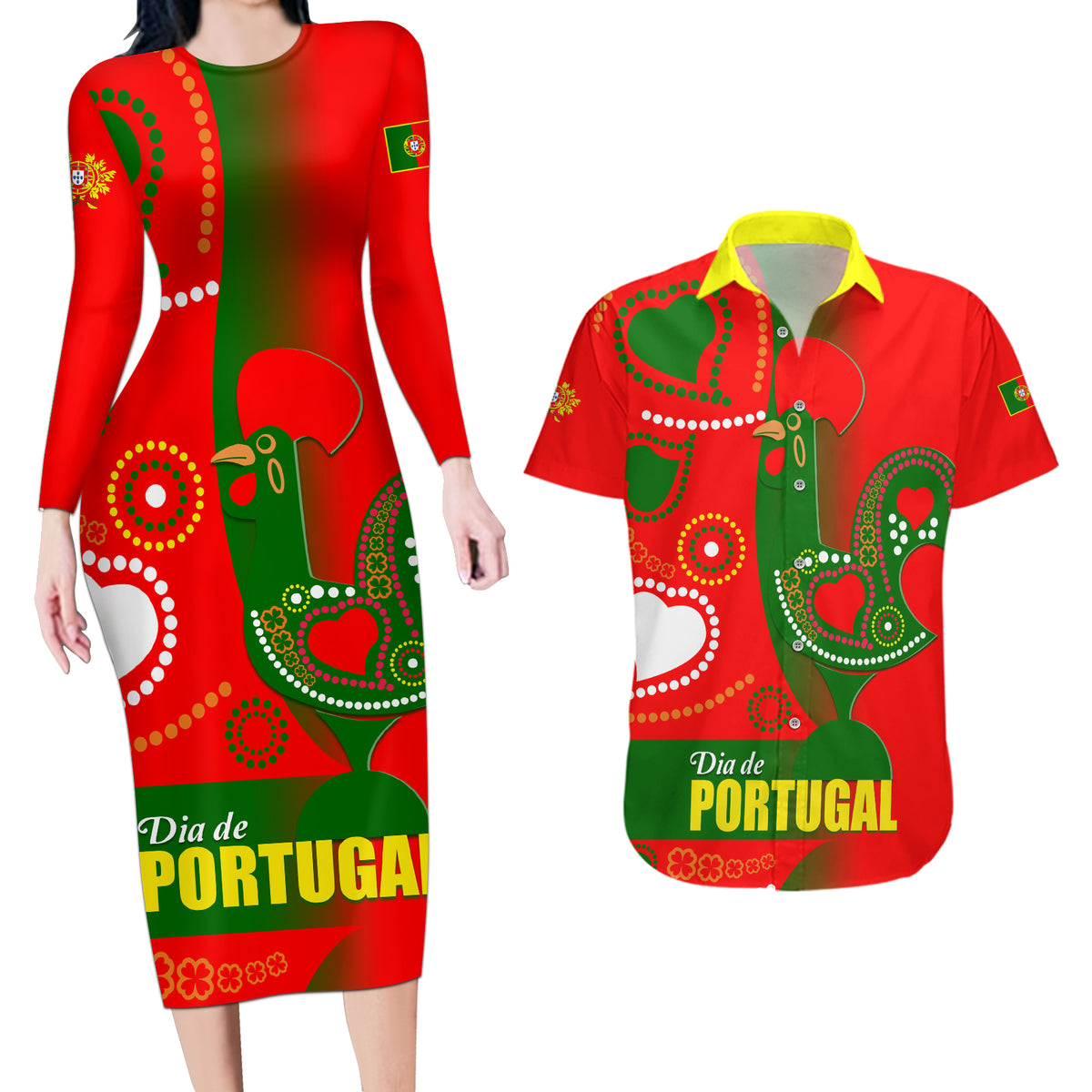 Portugal Day 2024 Couples Matching Long Sleeve Bodycon Dress and Hawaiian Shirt de Camoes e das Comunidades Portuguesas - Wonder Print Shop