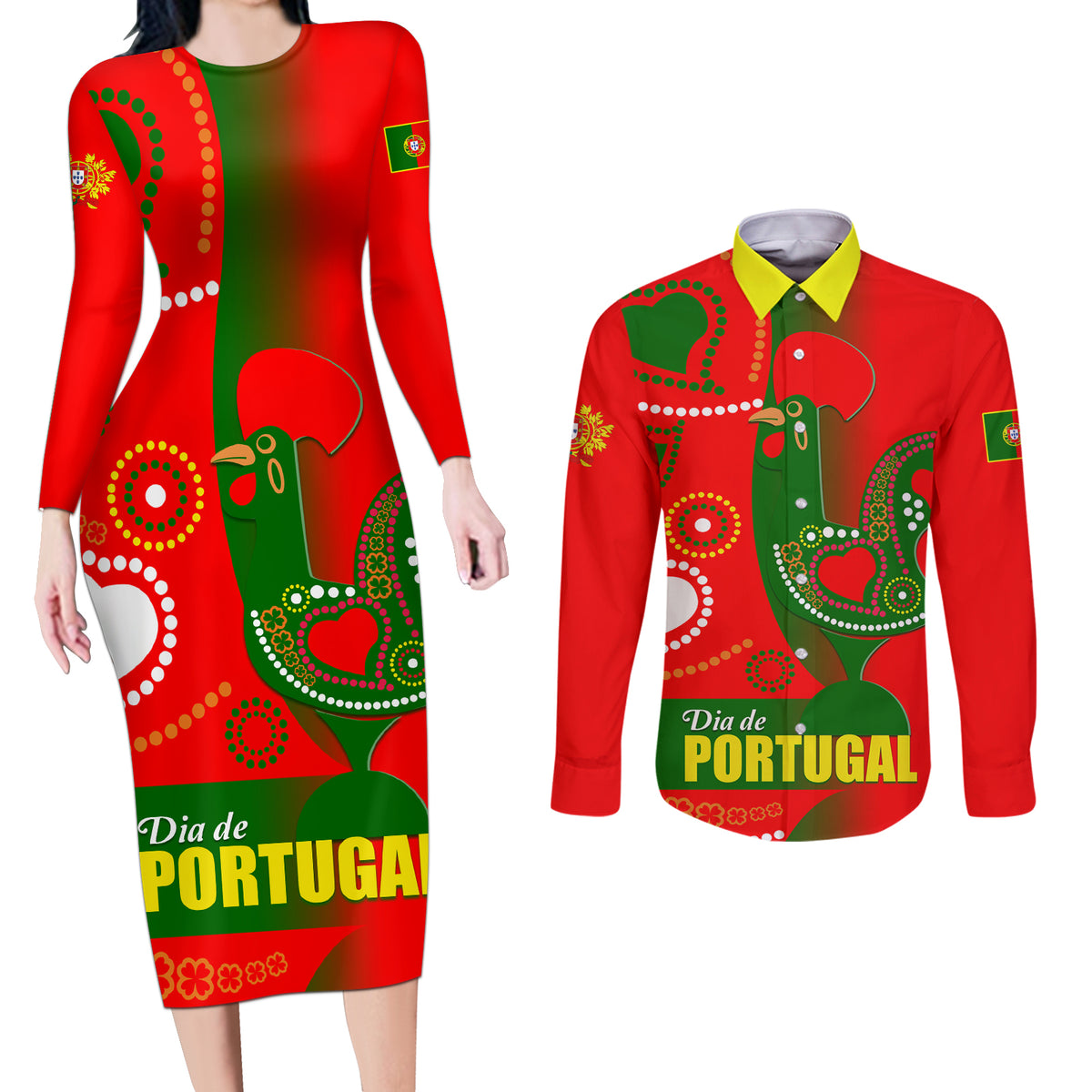 Portugal Day 2024 Couples Matching Long Sleeve Bodycon Dress and Long Sleeve Button Shirt de Camoes e das Comunidades Portuguesas - Wonder Print Shop