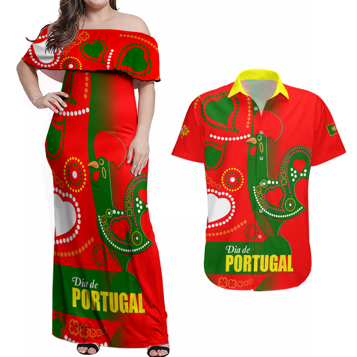 Portugal Day 2024 Couples Matching Off Shoulder Maxi Dress and Hawaiian Shirt de Camoes e das Comunidades Portuguesas - Wonder Print Shop
