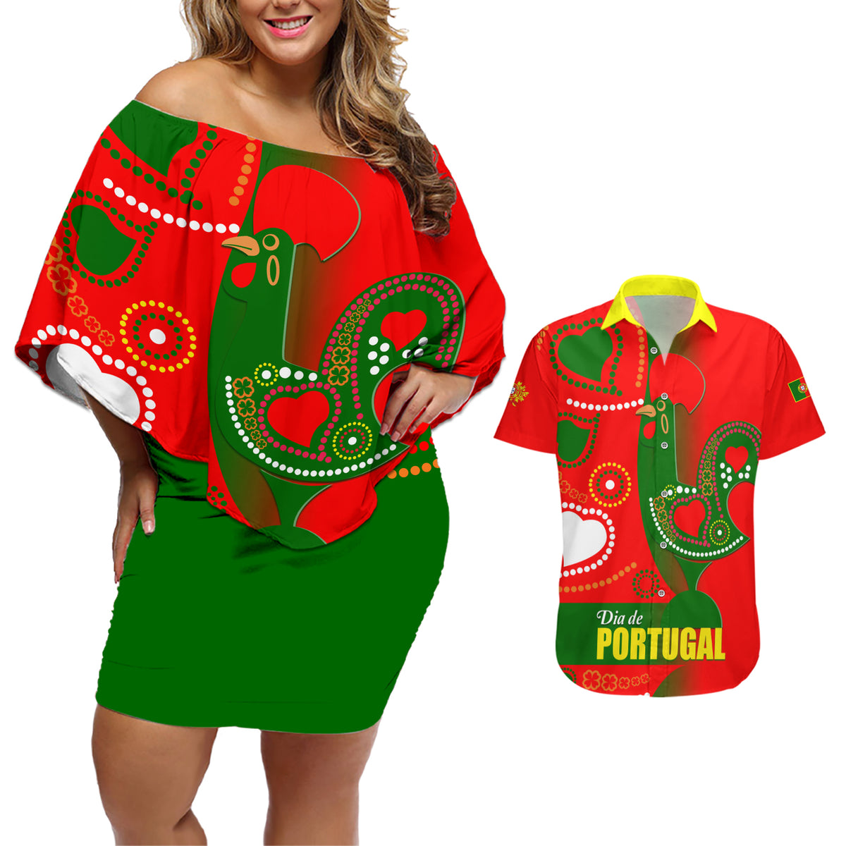 Portugal Day 2024 Couples Matching Off Shoulder Short Dress and Hawaiian Shirt de Camoes e das Comunidades Portuguesas - Wonder Print Shop