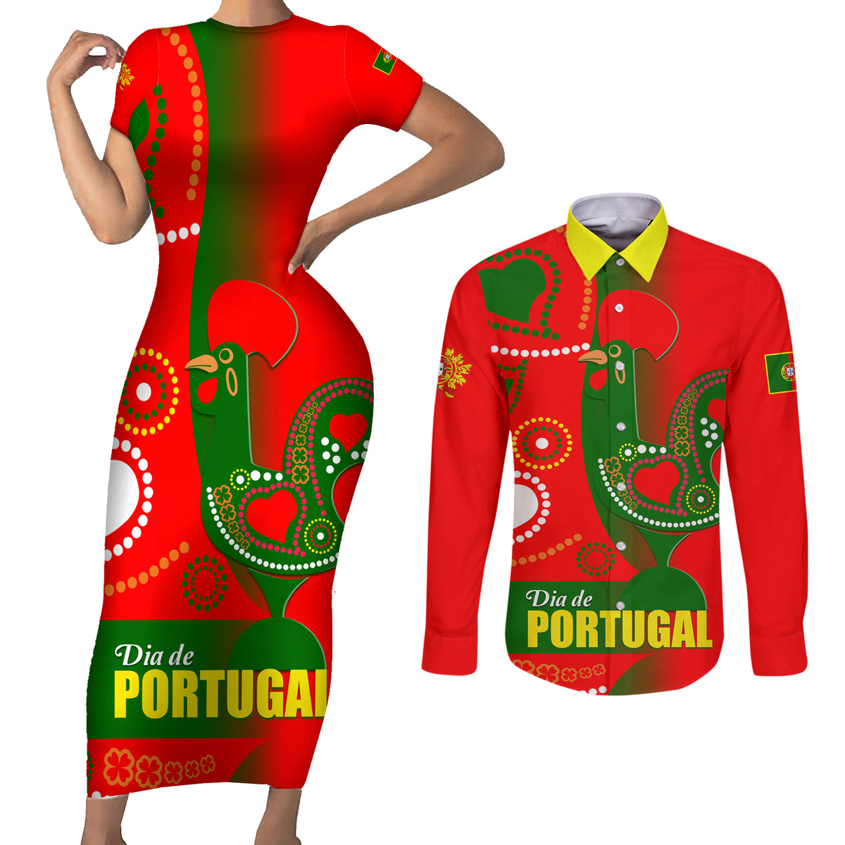 Portugal Day 2024 Couples Matching Short Sleeve Bodycon Dress and Long Sleeve Button Shirt de Camoes e das Comunidades Portuguesas - Wonder Print Shop