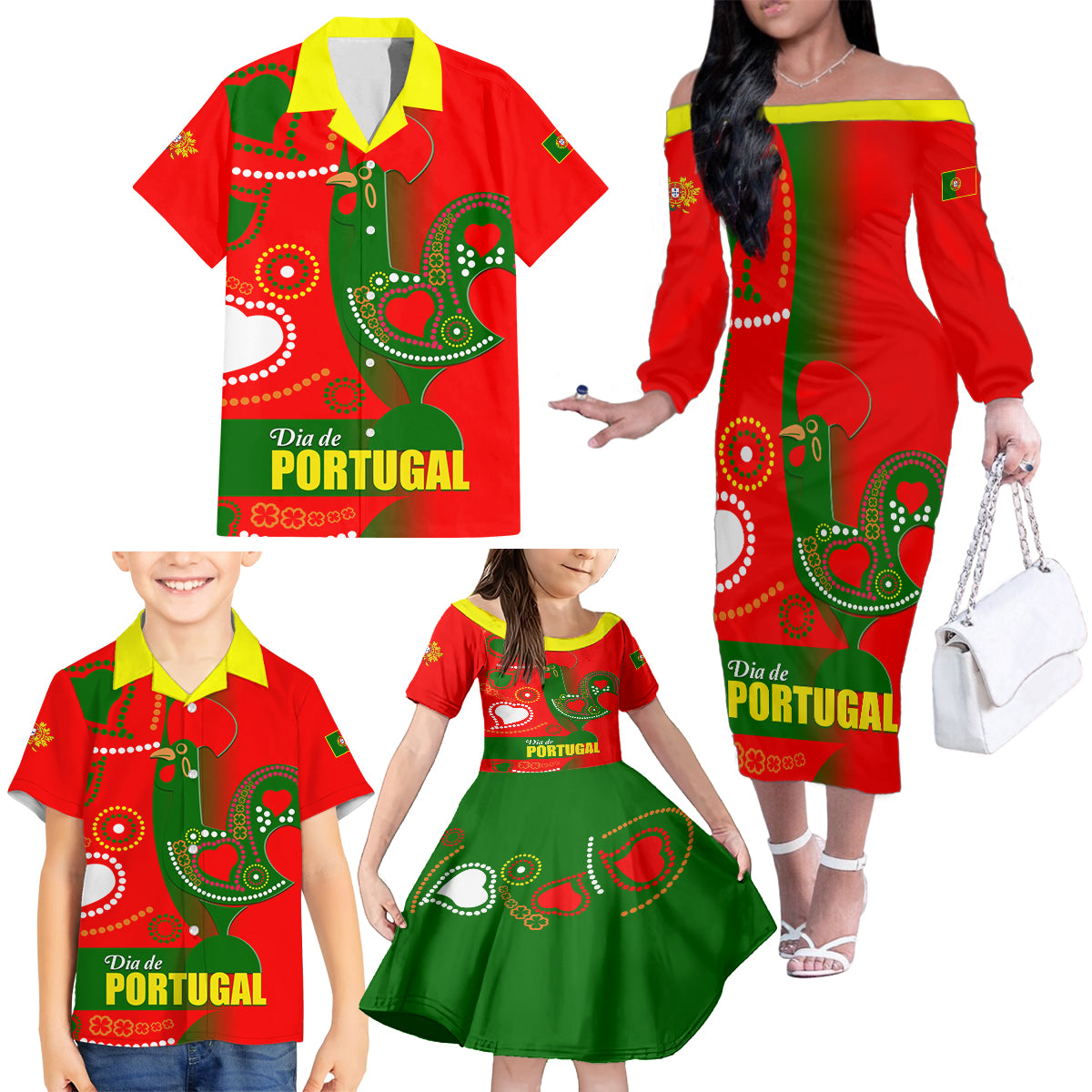 Portugal Day 2024 Family Matching Off The Shoulder Long Sleeve Dress and Hawaiian Shirt de Camoes e das Comunidades Portuguesas