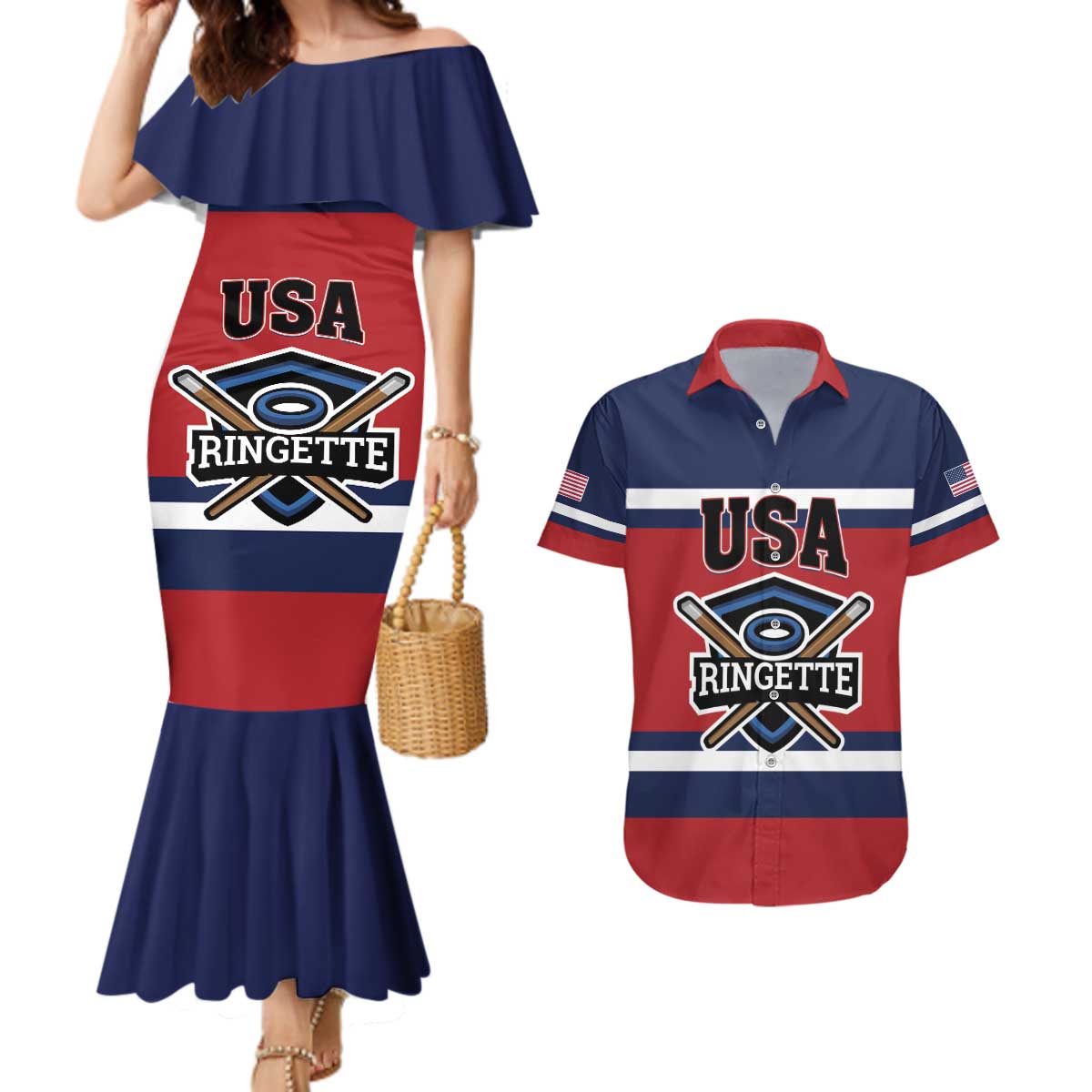 Custom USA 2025 Ringette Couples Matching Mermaid Dress and Hawaiian Shirt Go Champion Team Ringette USA
