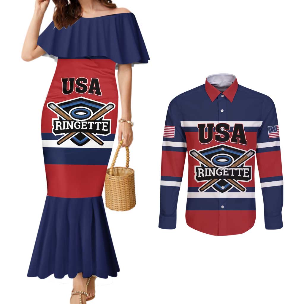 Custom USA 2025 Ringette Couples Matching Mermaid Dress and Long Sleeve Button Shirt Go Champion Team Ringette USA