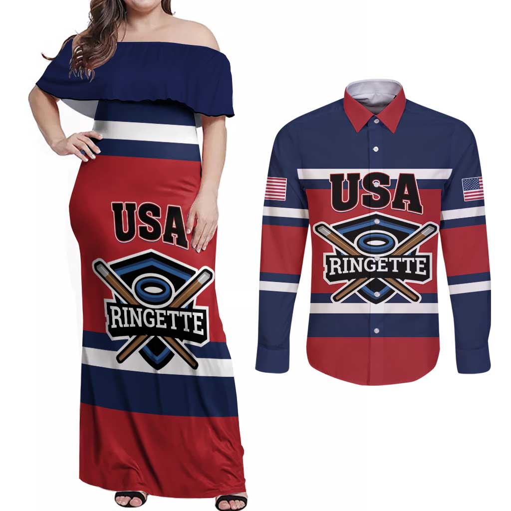 Custom USA 2025 Ringette Couples Matching Off Shoulder Maxi Dress and Long Sleeve Button Shirt Go Champion Team Ringette USA