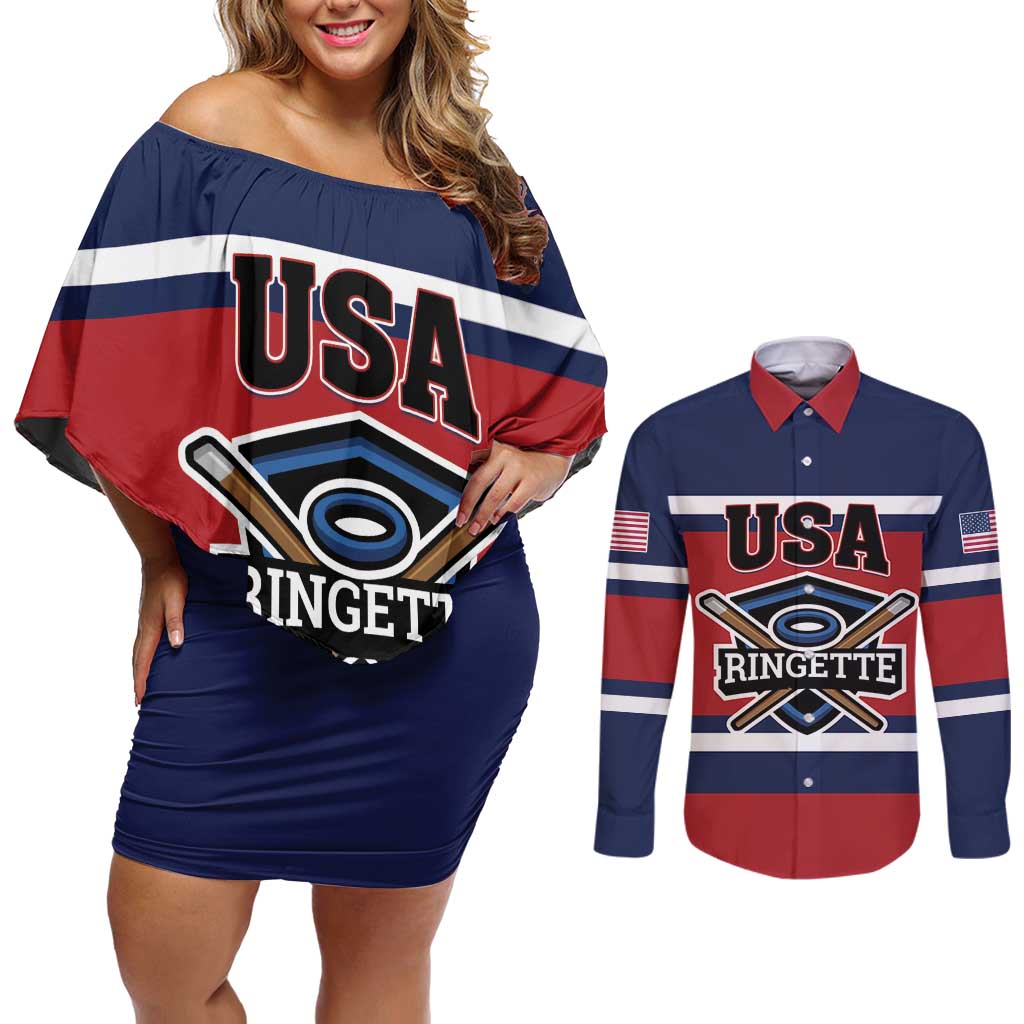 Custom USA 2025 Ringette Couples Matching Off Shoulder Short Dress and Long Sleeve Button Shirt Go Champion Team Ringette USA