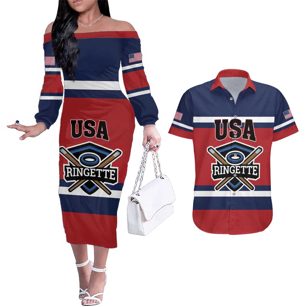 Custom USA 2025 Ringette Couples Matching Off The Shoulder Long Sleeve Dress and Hawaiian Shirt Go Champion Team Ringette USA