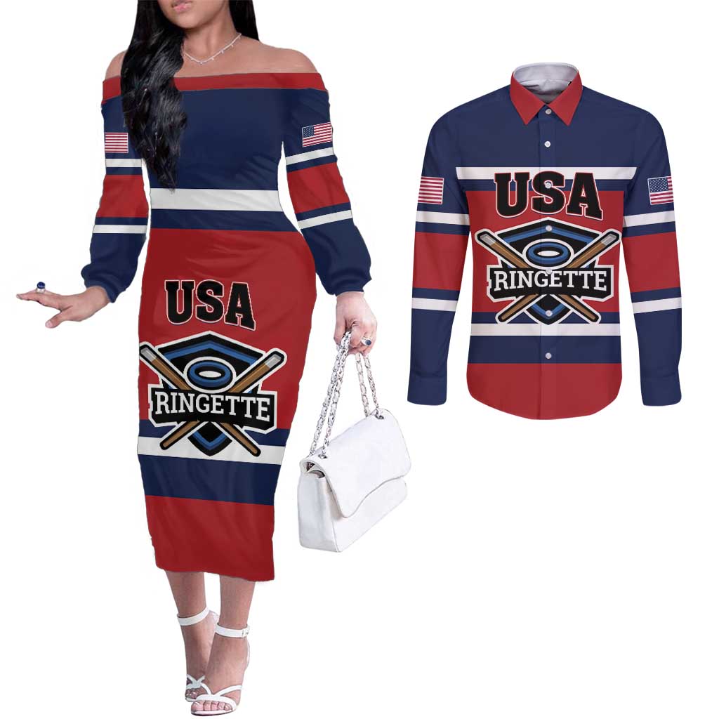 Custom USA 2025 Ringette Couples Matching Off The Shoulder Long Sleeve Dress and Long Sleeve Button Shirt Go Champion Team Ringette USA