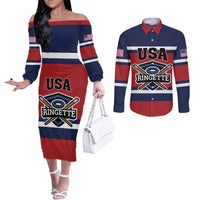 Custom USA 2025 Ringette Couples Matching Off The Shoulder Long Sleeve Dress and Long Sleeve Button Shirt Go Champion Team Ringette USA