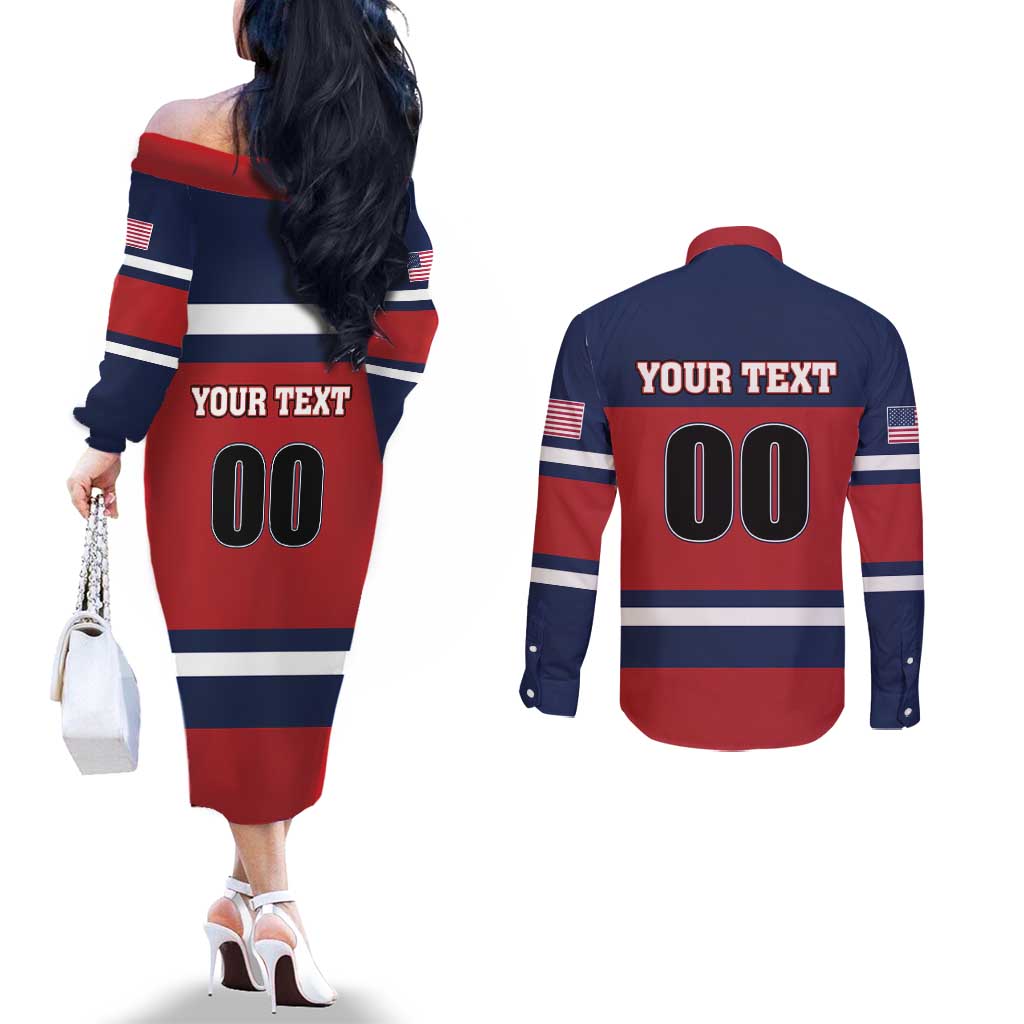 Custom USA 2025 Ringette Couples Matching Off The Shoulder Long Sleeve Dress and Long Sleeve Button Shirt Go Champion Team Ringette USA