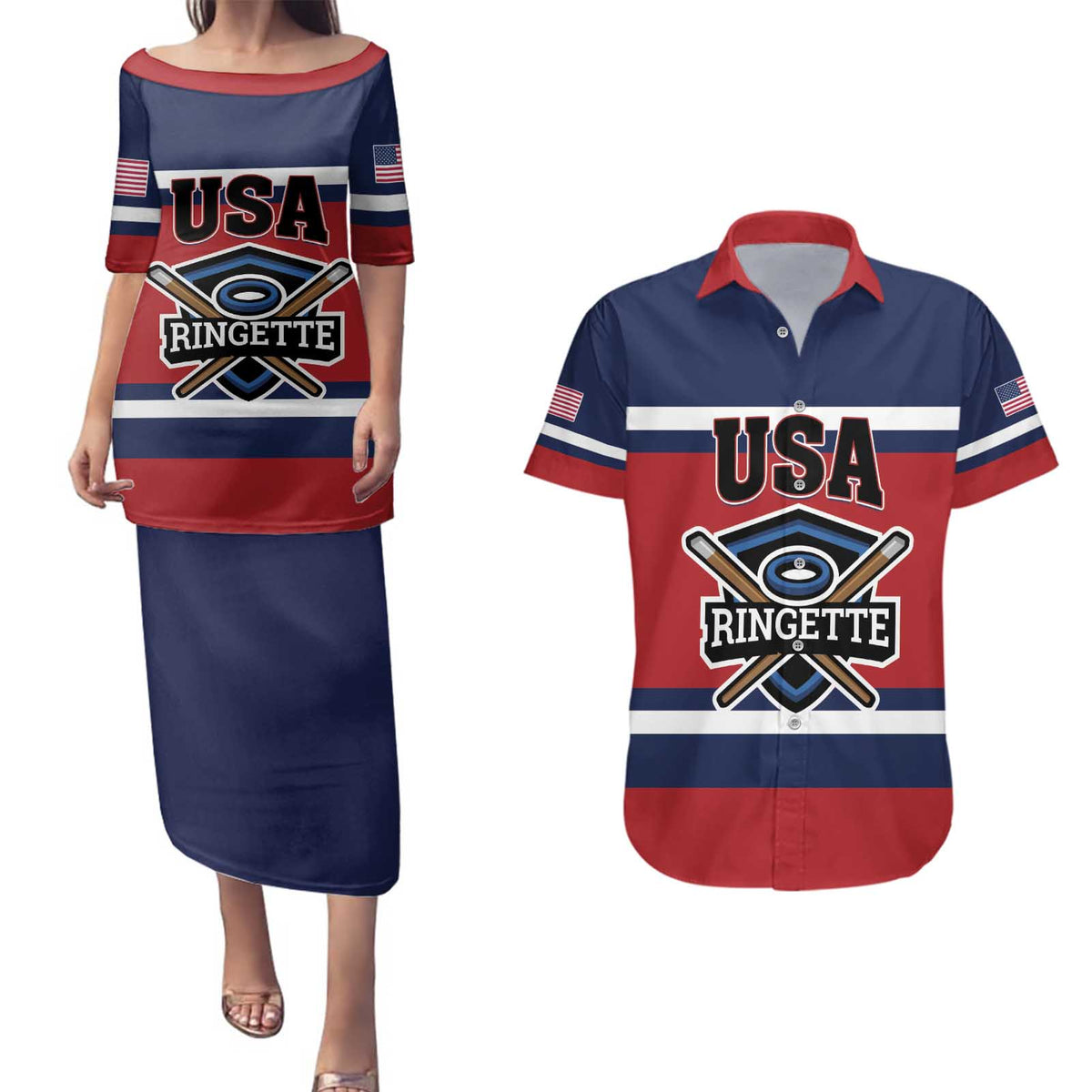 Custom USA 2025 Ringette Couples Matching Puletasi and Hawaiian Shirt Go Champion Team Ringette USA