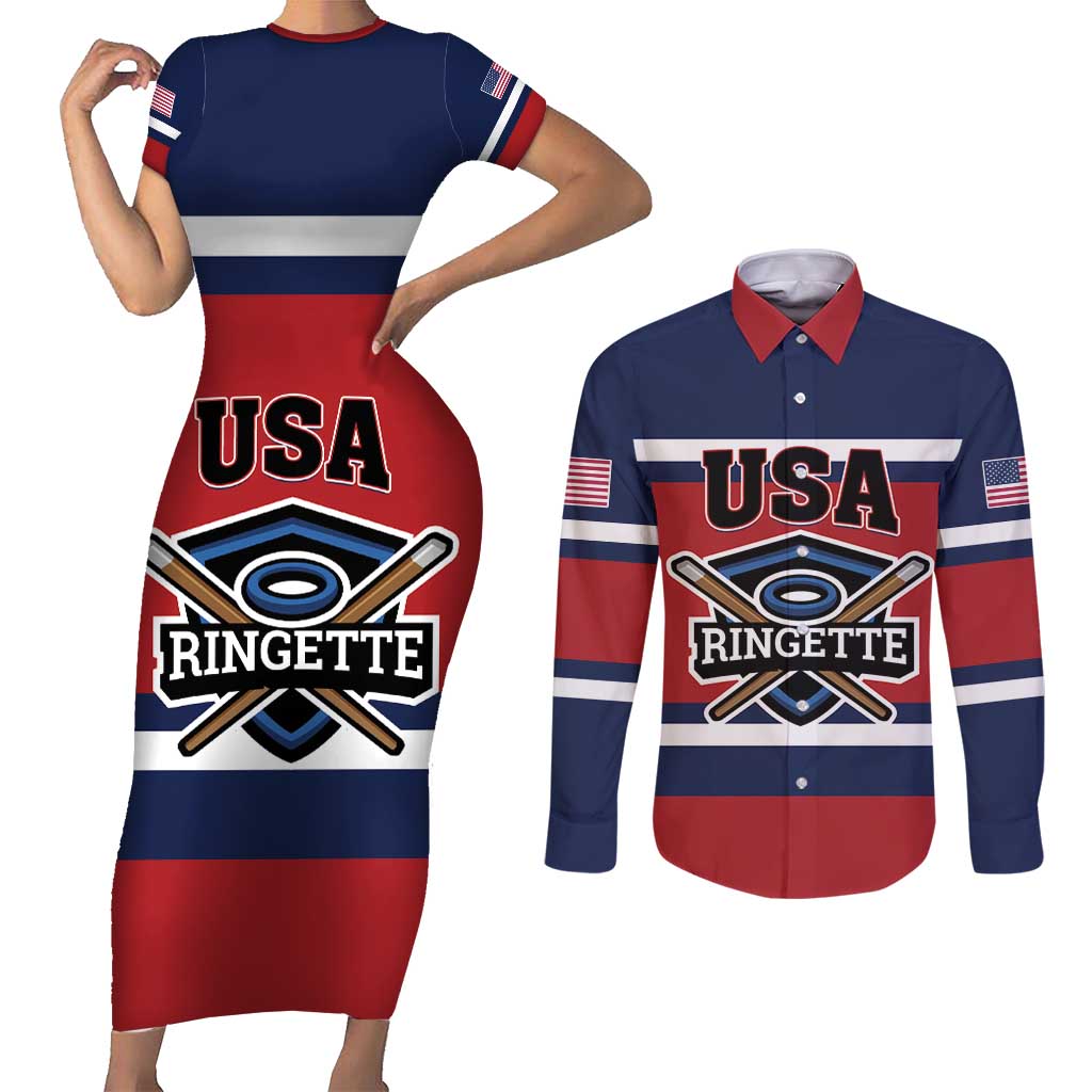 Custom USA 2025 Ringette Couples Matching Short Sleeve Bodycon Dress and Long Sleeve Button Shirt Go Champion Team Ringette USA