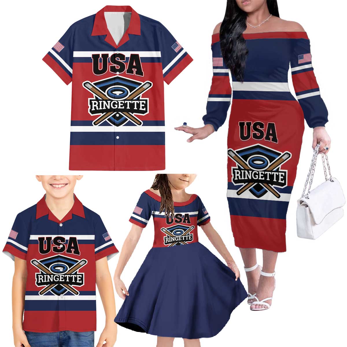 Custom USA 2025 Ringette Family Matching Off The Shoulder Long Sleeve Dress and Hawaiian Shirt Go Champion Team Ringette USA
