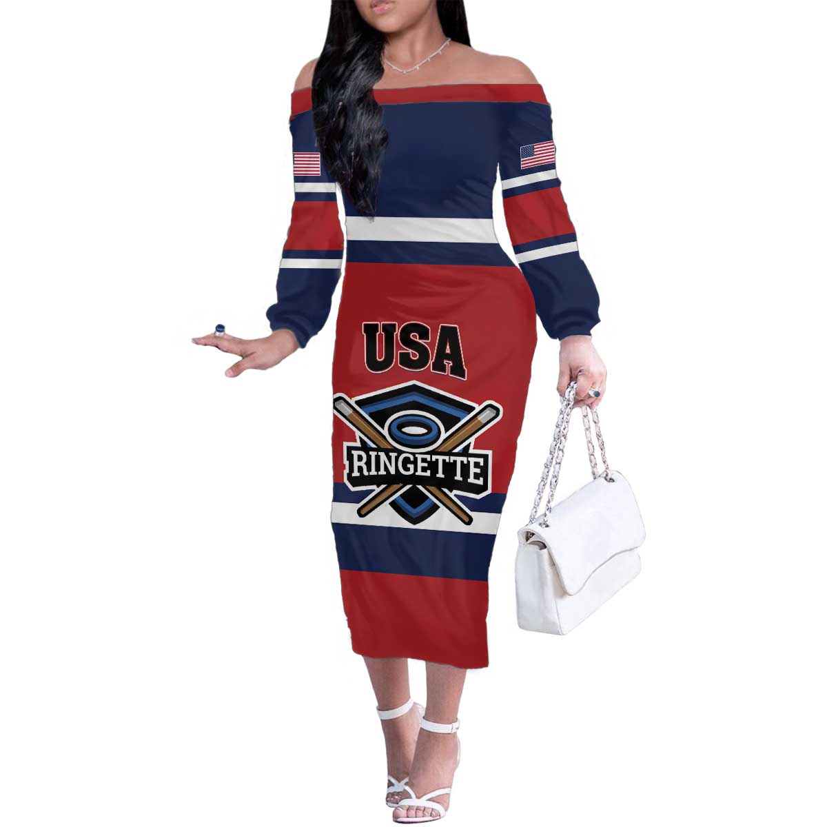 Custom USA 2025 Ringette Family Matching Off The Shoulder Long Sleeve Dress and Hawaiian Shirt Go Champion Team Ringette USA