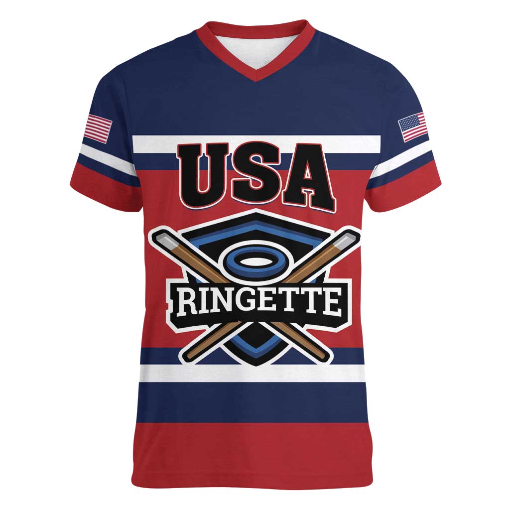 Custom USA 2025 Ringette Women V-Neck T-Shirt Go Champion Team Ringette USA