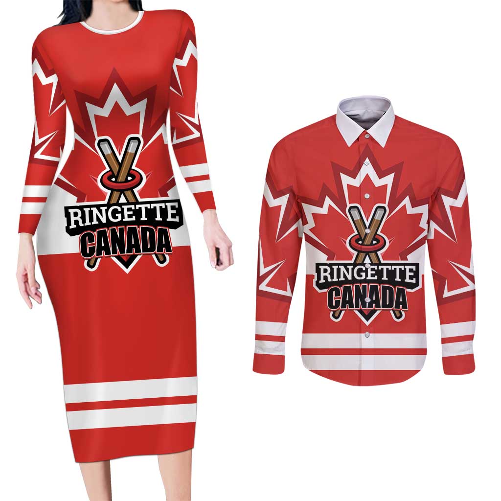Custom Canada Ringuette Couples Matching Long Sleeve Bodycon Dress and Long Sleeve Button Shirt Team Canada Dominates The Game